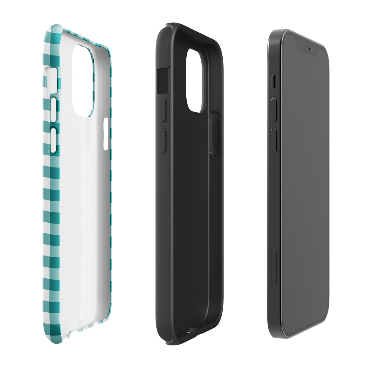 Phone Case with teal and white gingham pattern for iPhone, showcasing stylish design and durable protection.