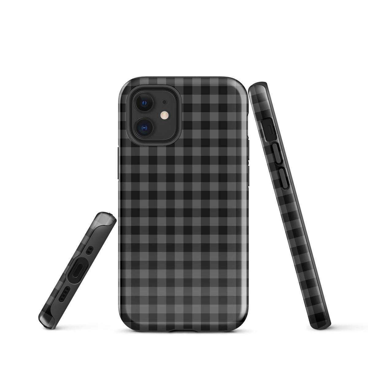 Phone Case for iPhone in black and charcoal gingham pattern, stylish and protective design, modern style meets functionality.