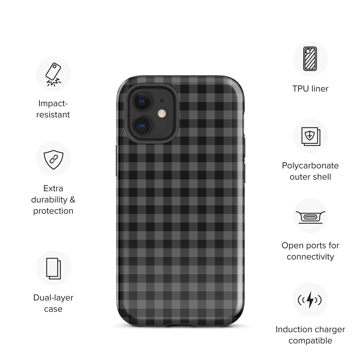 Phone Case in black and charcoal gingham pattern, showing impact resistance, polycarbonate shell, and dual-layer protection.