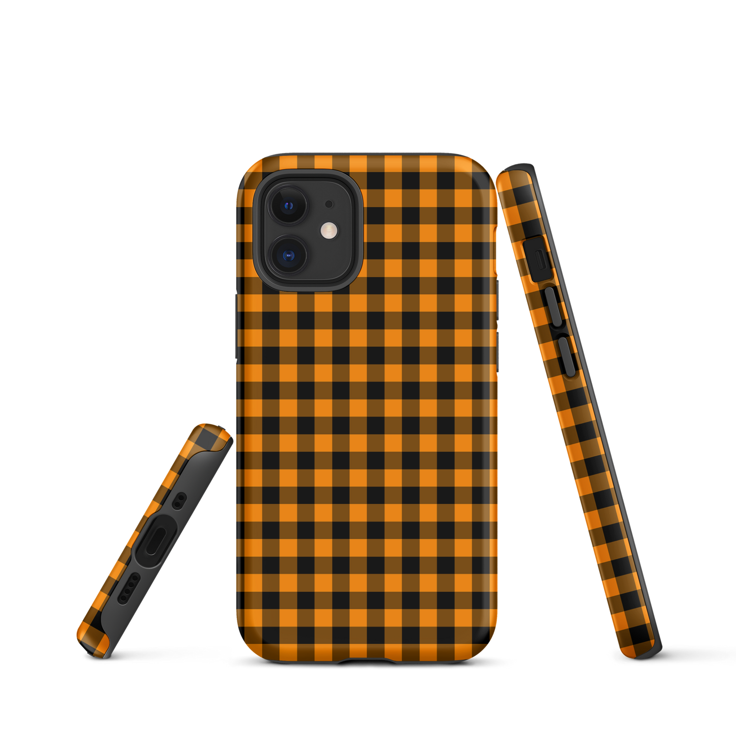 Black-and-orange gingham phone case for iPhone with Autum theme, luxury design and durable protection.