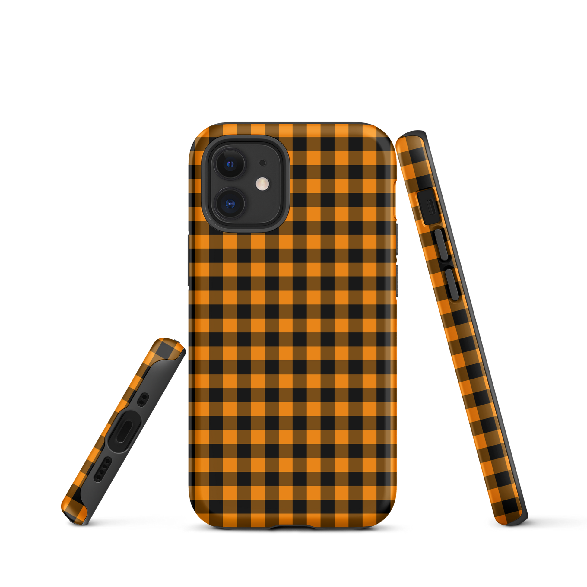 Black-and-orange gingham phone case for iPhone with Autum theme, luxury design and durable protection.