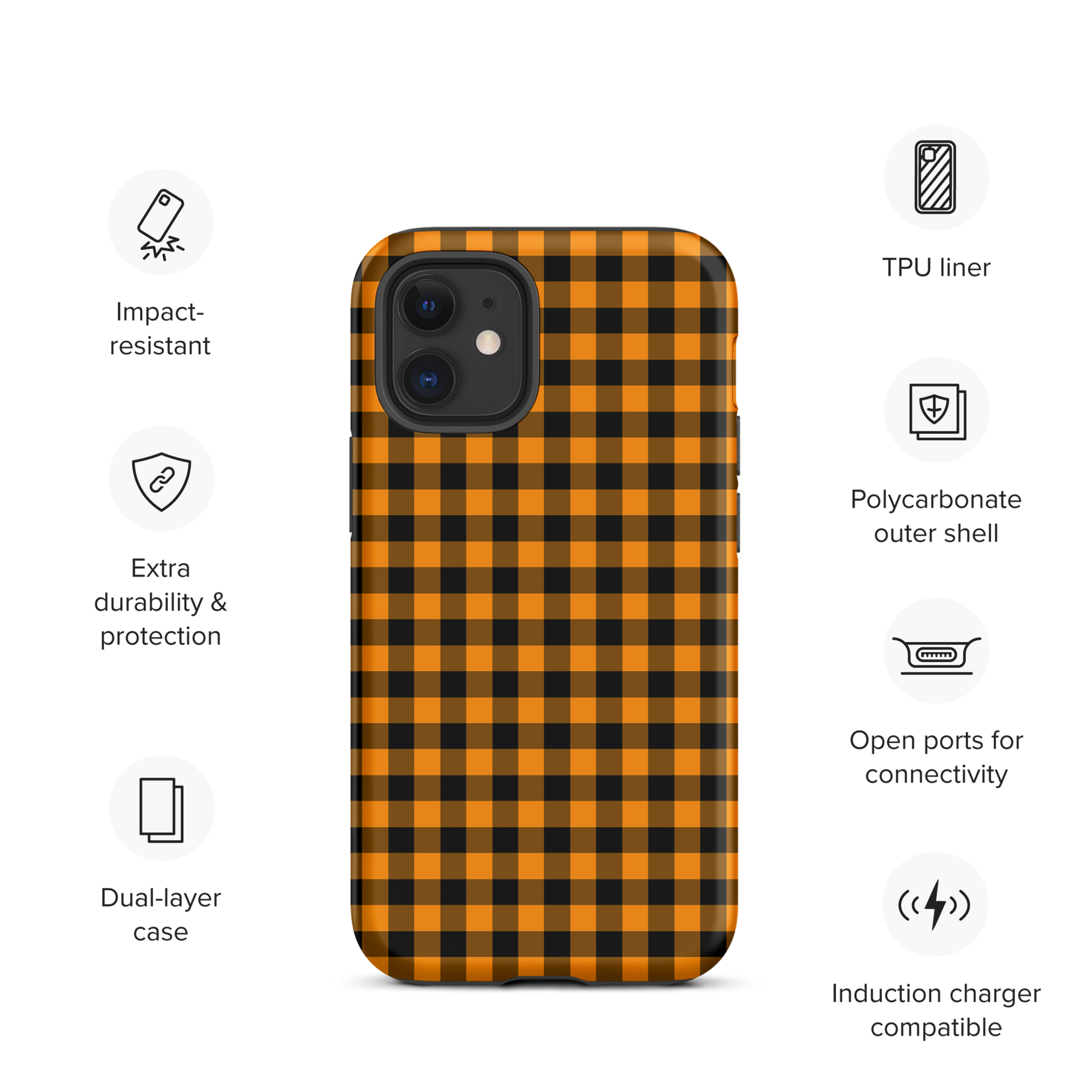 phone case in black-and-orange gingham autumn theme for iPhone, showcasing stylish design and durability with fun upscale craftsmanship