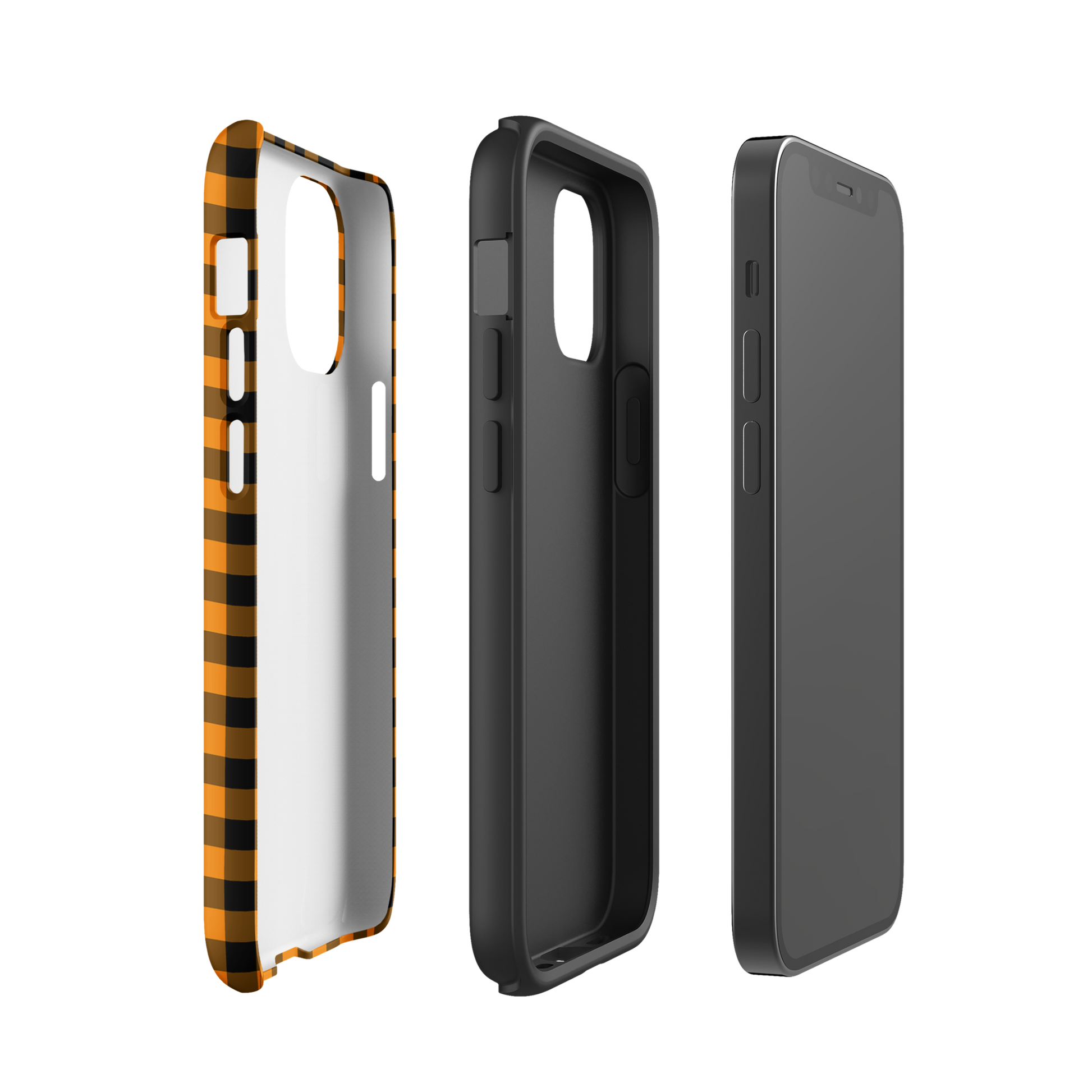 Black-and-orange gingham phone case for iPhone with modern fall theme design, showcasing durability and playful luxury.