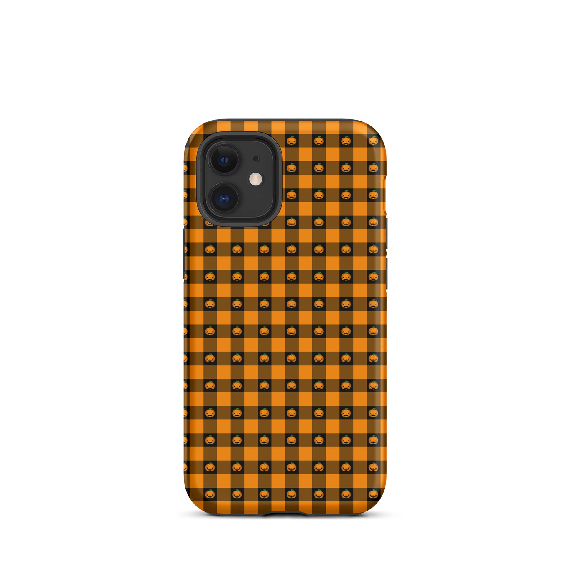 Phone Case for iPhone with playful pumpkin gingham Halloween design, featuring cute jack-o’-lantern faces on a checkered pattern.
