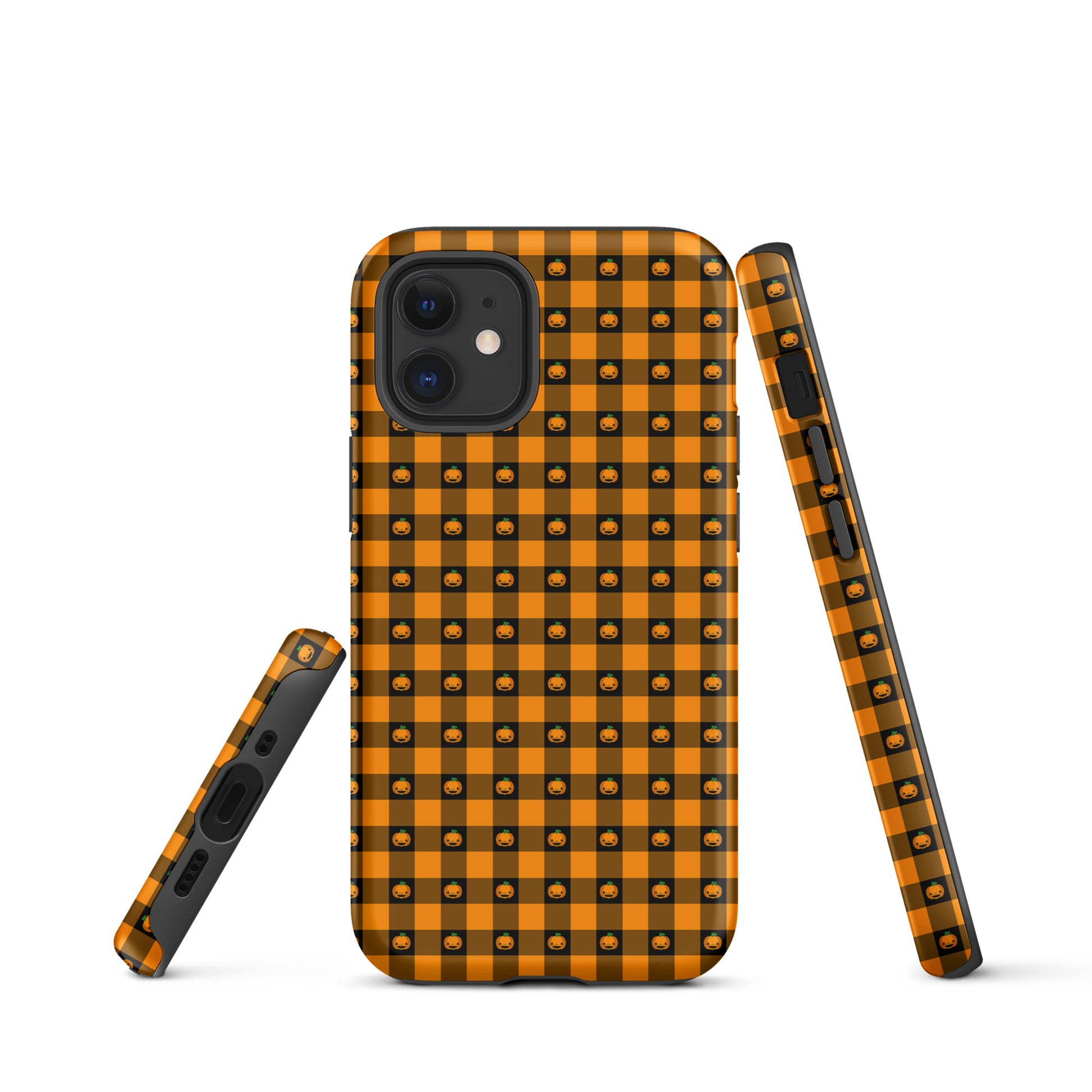 Phone Case for iPhone with playful pumpkin gingham Halloween design featuring jack-o’-lanterns on a festive orange checkered pattern.