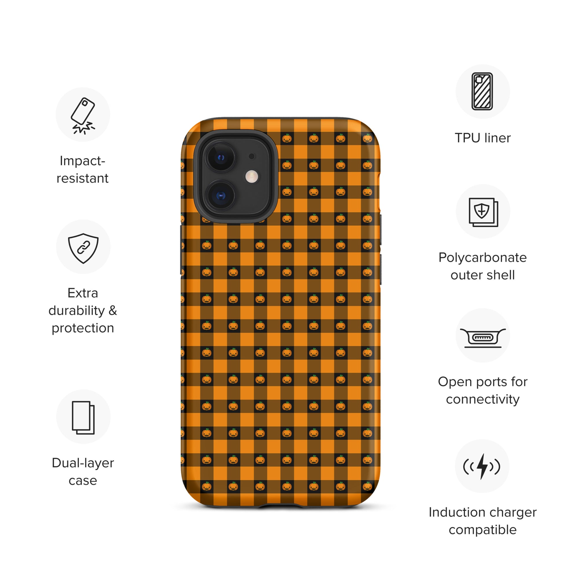 Phone Case for iPhone with playful pumpkin gingham Halloween design, impact-resistant dual-layer for extra protection.