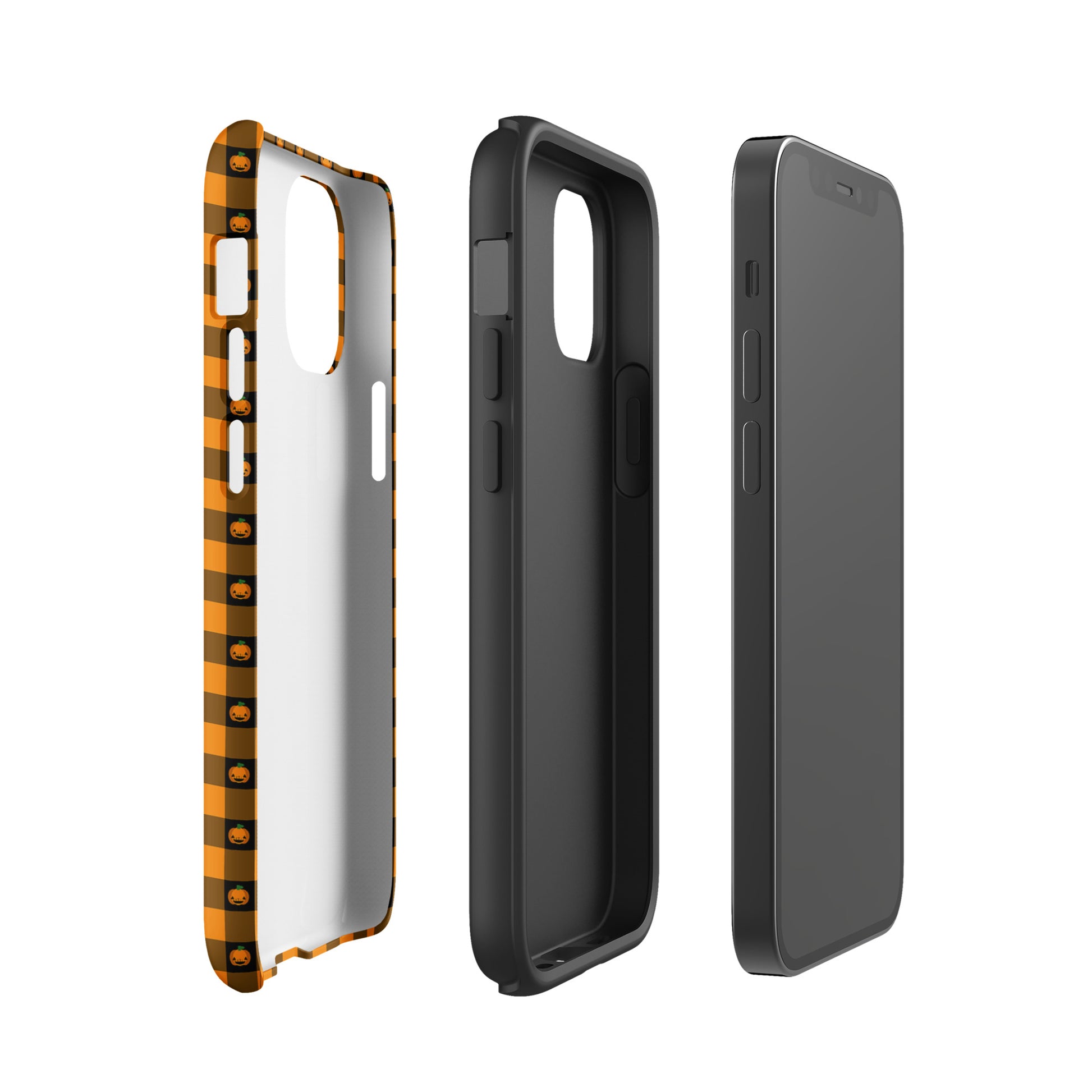 Phone Case for iPhone with playful pumpkin gingham Halloween design, featuring jack-o'-lanterns and bold gingham pattern.