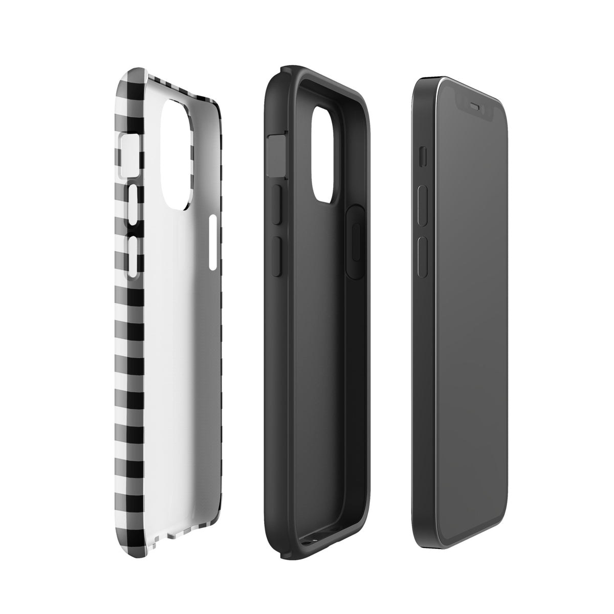 Phone Case in black and white gingham pattern on display, showcasing design and protection features for iPhone.