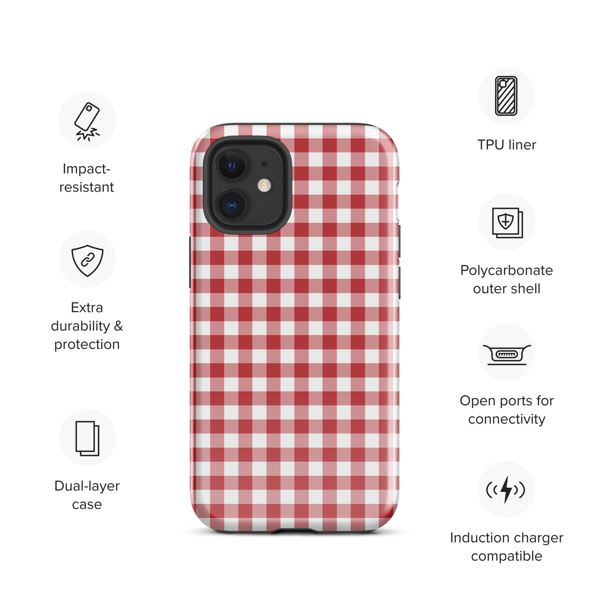 Phone Case with red and white gingham pattern for iPhone showcasing impact-resistant and durable features.