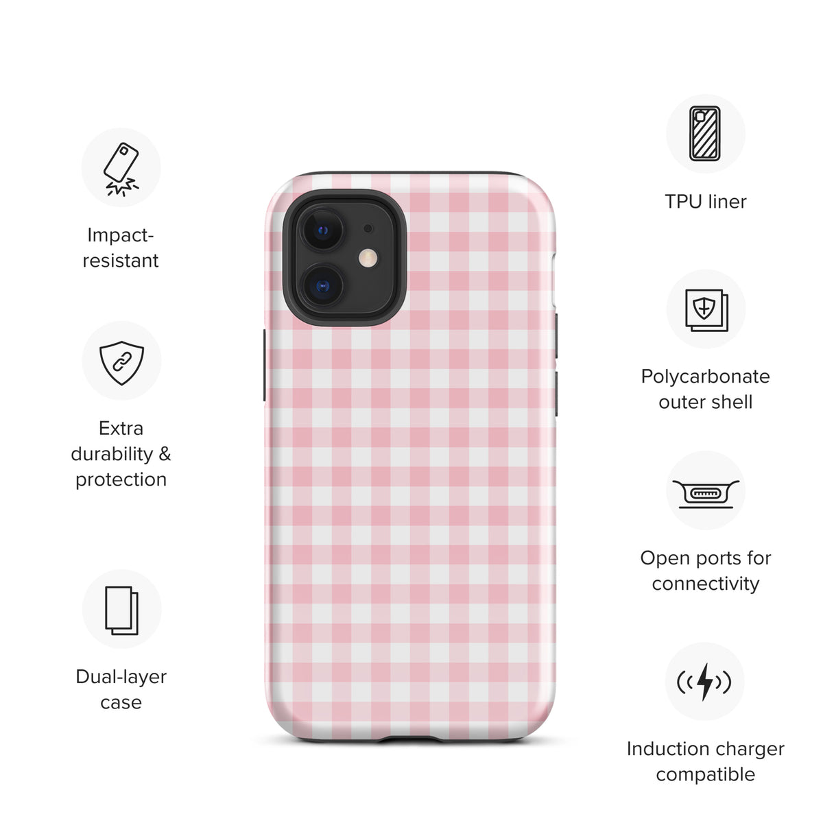 Phone Case for iPhone with pink and white gingham pattern, offering impact resistance and dual-layer protection.