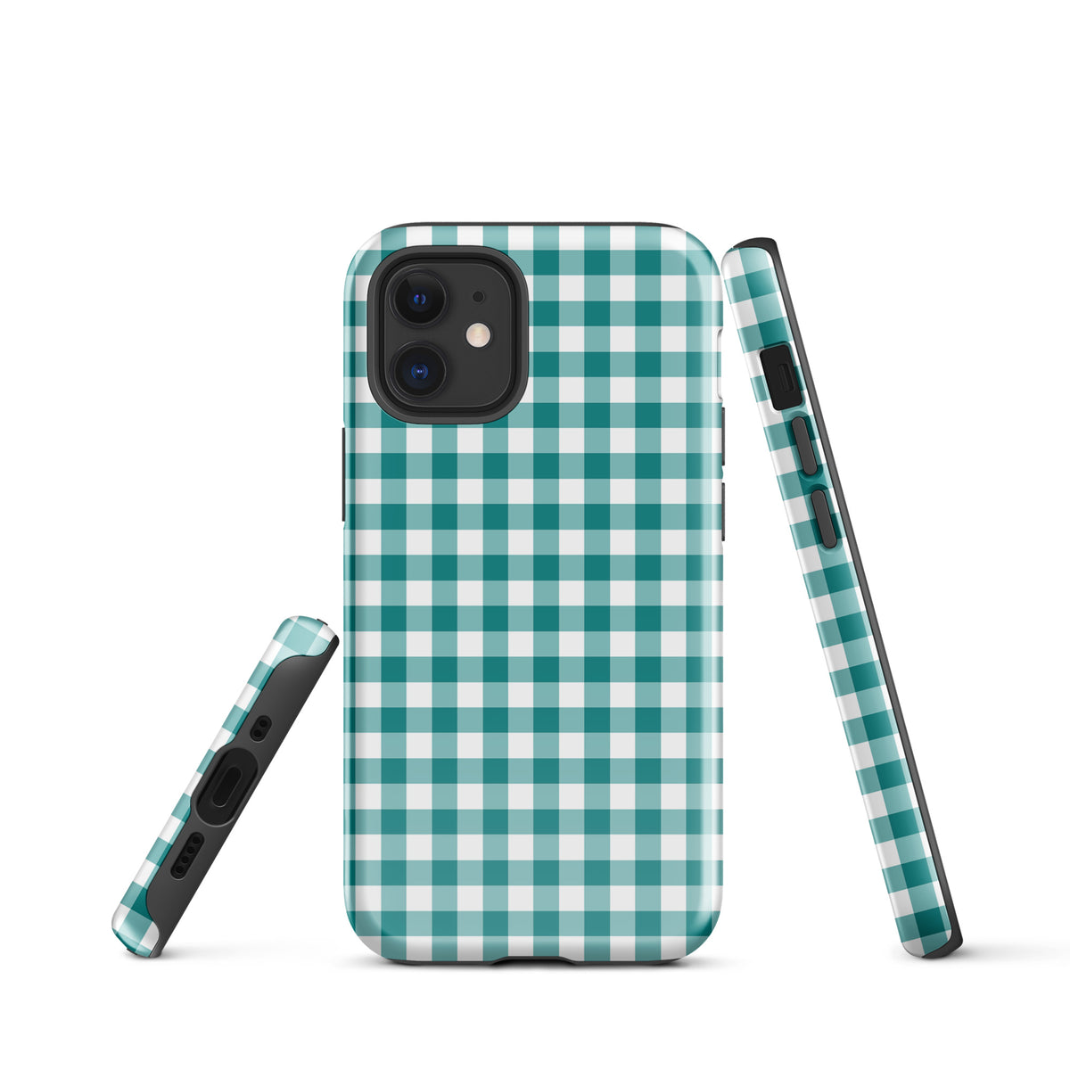 Phone Case for iPhone with teal and white gingham pattern, offering chic style and protection.