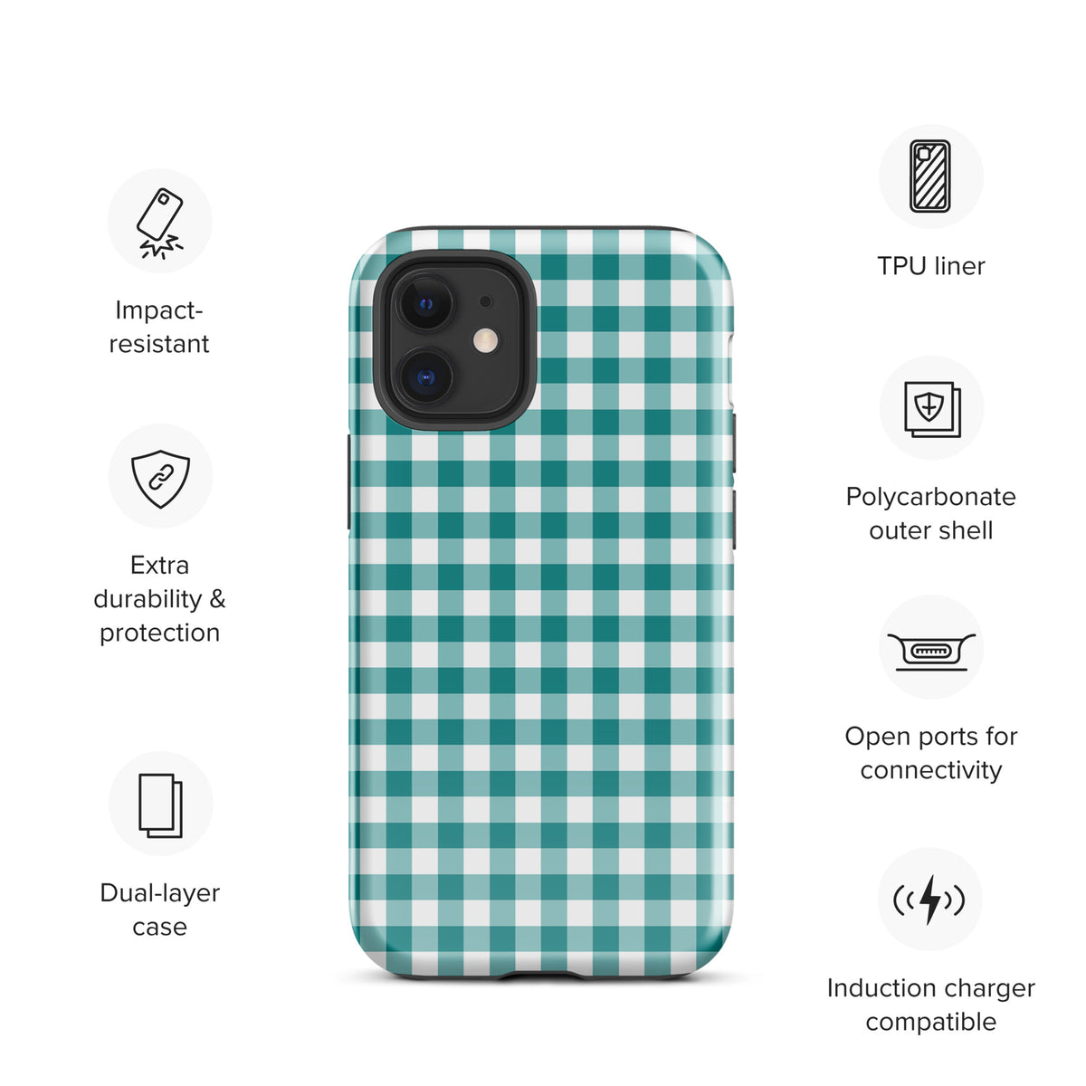 Phone Case for iPhone with teal and white gingham pattern, offering stylish protection and durability with dual-layer design.