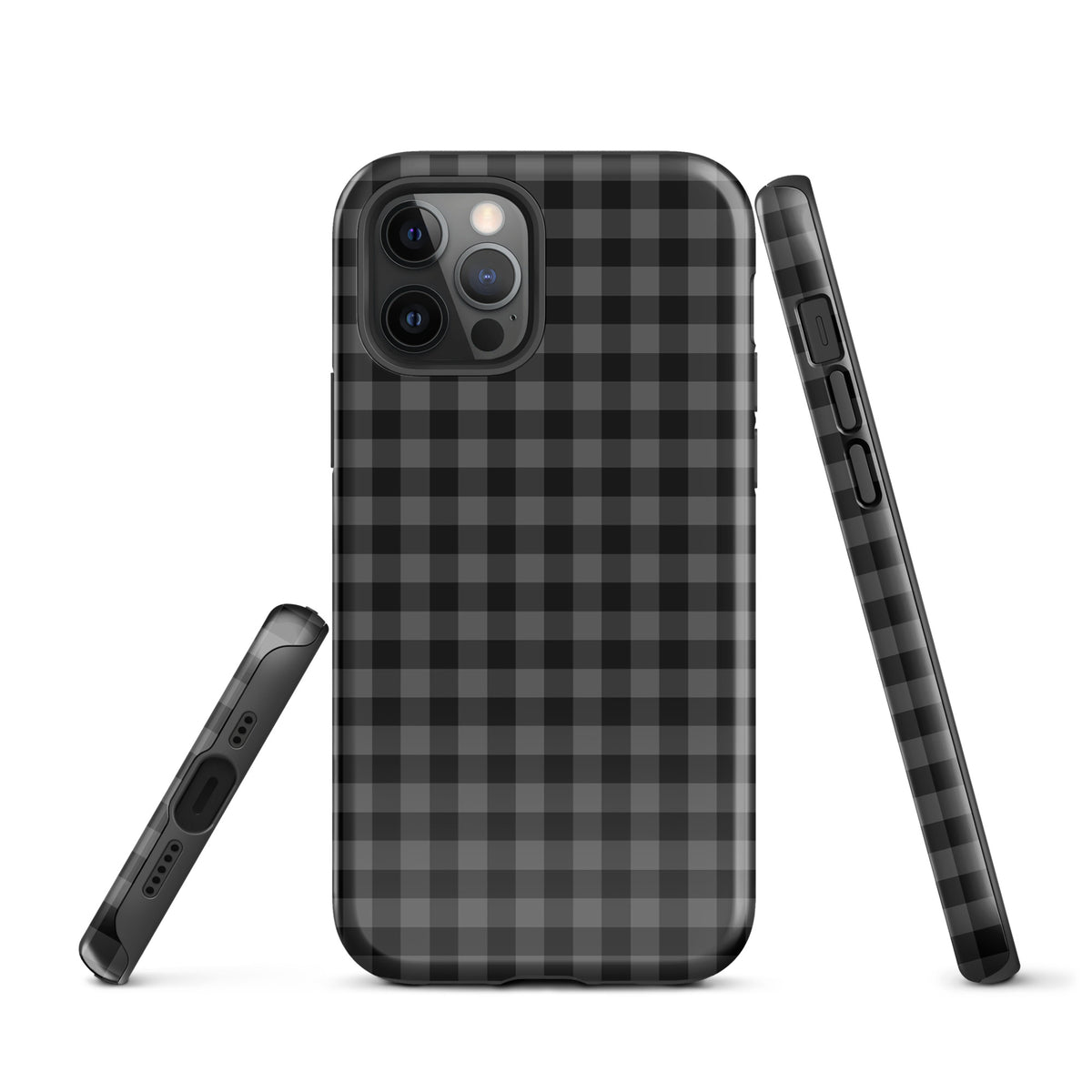 Phone Case with black and charcoal gingham pattern for iPhone, offering modern style and protection. Luxurious and durable design.