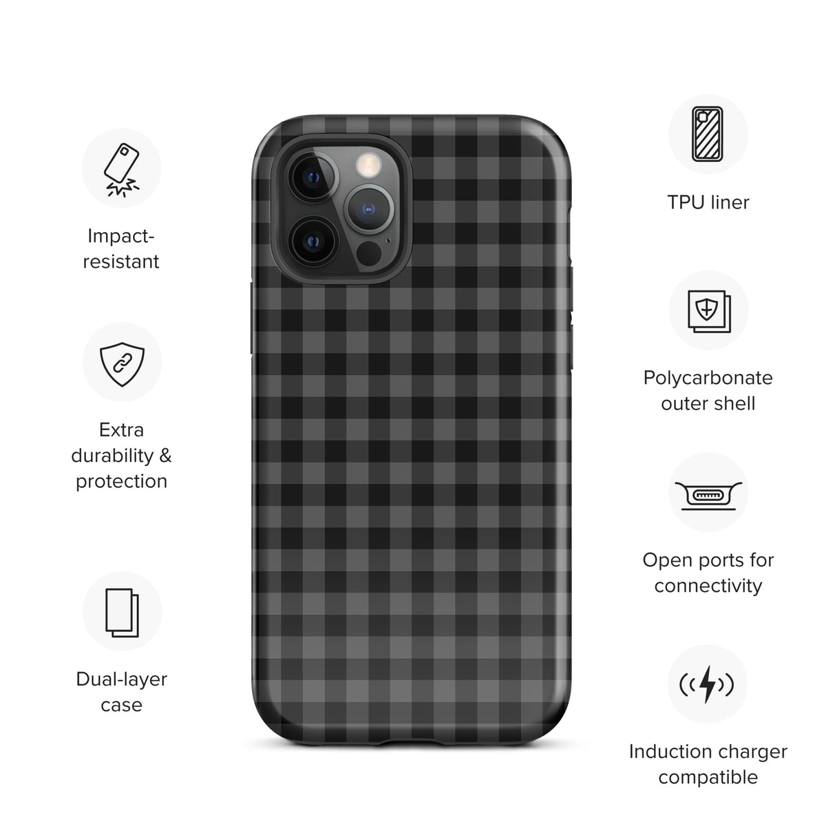 Phone Case for iPhone with black and charcoal gingham pattern, featuring impact-resistant and dual-layer protection.