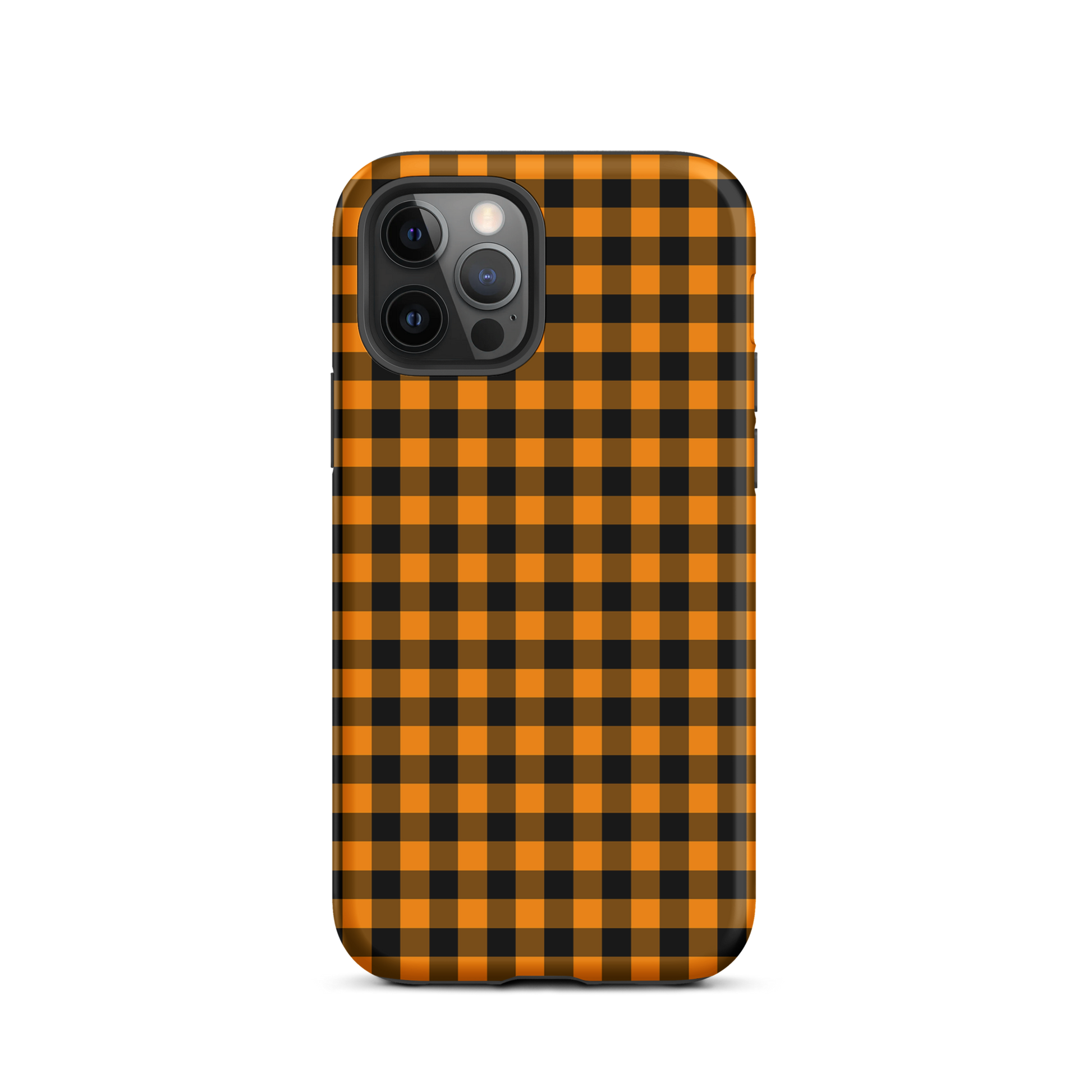 Black-and-orange gingham phone case for iPhone with autumn theme, combining style and durability for a chic accessory.