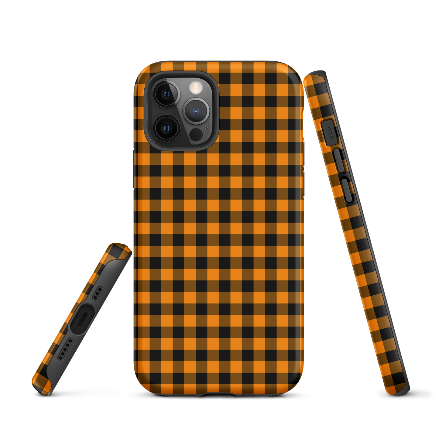 Black-and-orange gingham phone case for iPhone in a chic autumn theme, blending playful charm with durability.