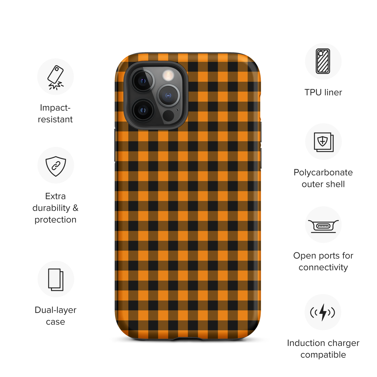 Black-and-orange gingham phone case with a fall theme for iPhone, offering durability and chic style.