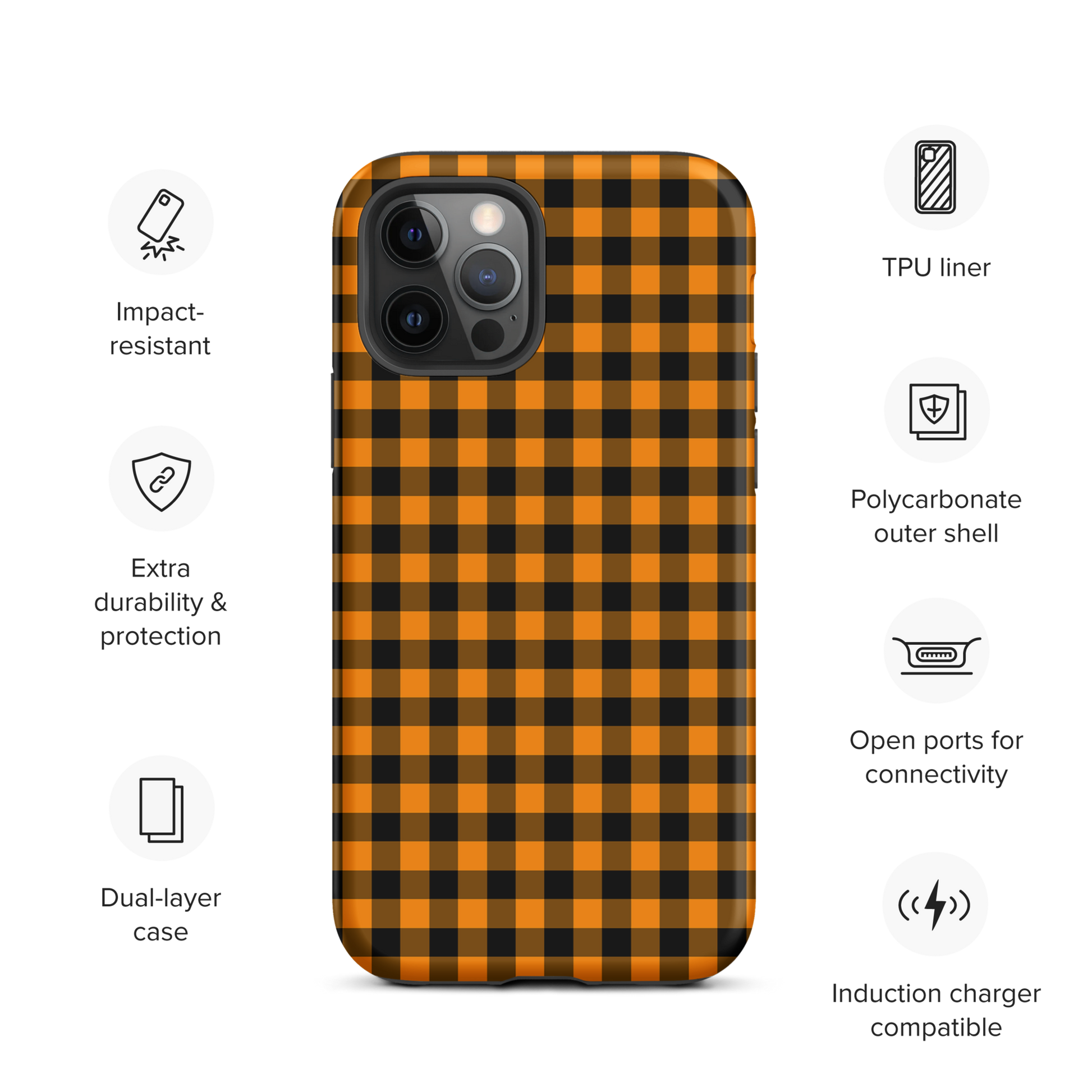 Black-and-orange gingham phone case with a fall theme for iPhone, offering durability and chic style.