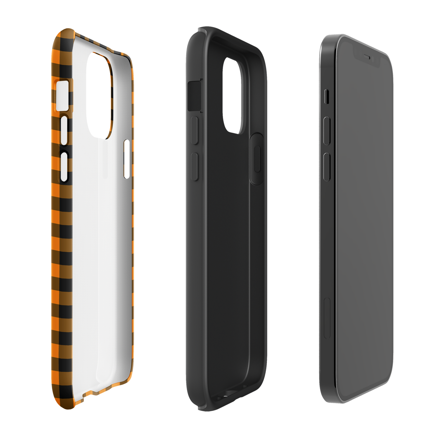 Phone case with black-and-orange gingham pattern for iPhone, Autum theme design. Stylish accessory with durability focus.
