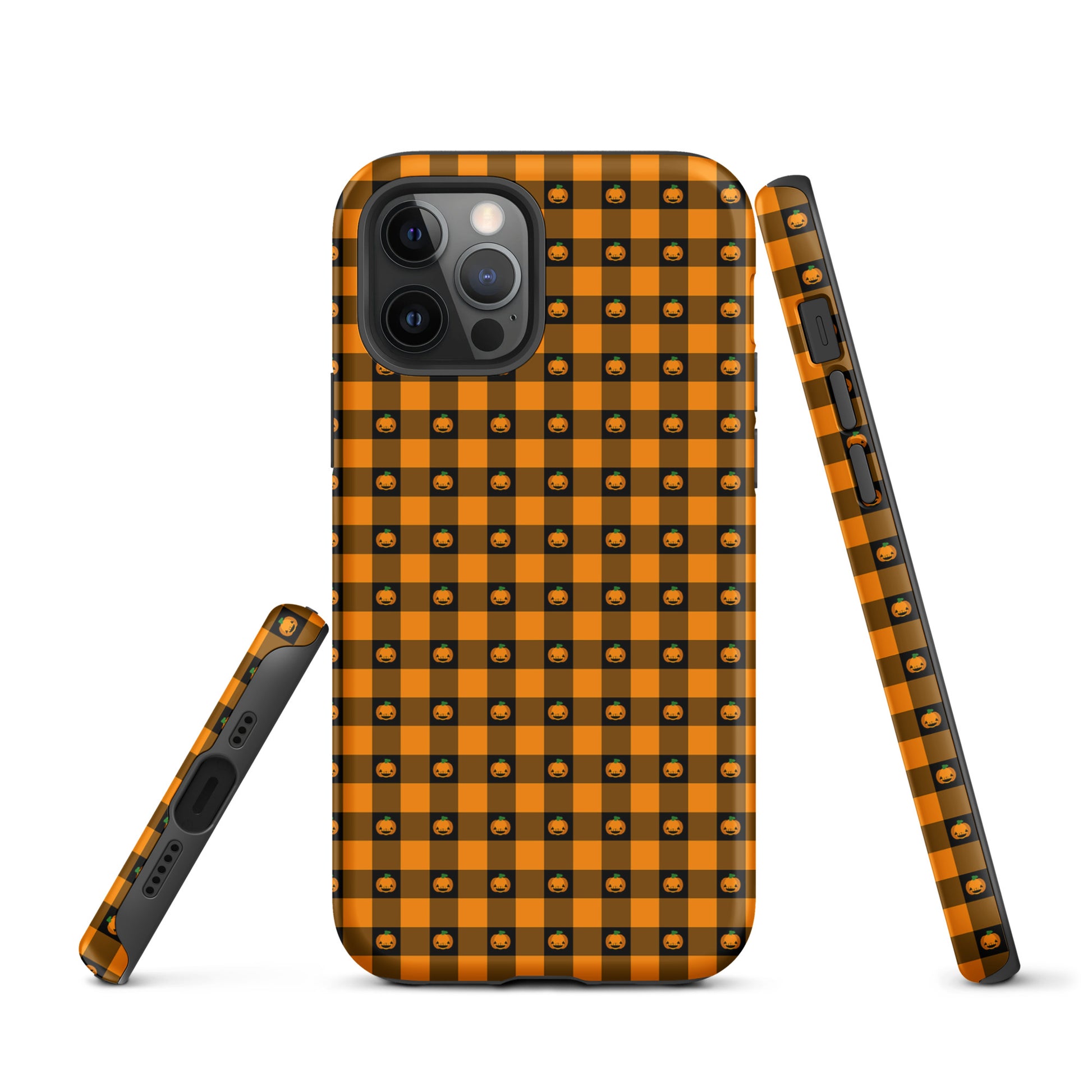 Phone Case for iPhone with playful pumpkin gingham Halloween design, featuring smiling jack-o’-lanterns on a checkered pattern.