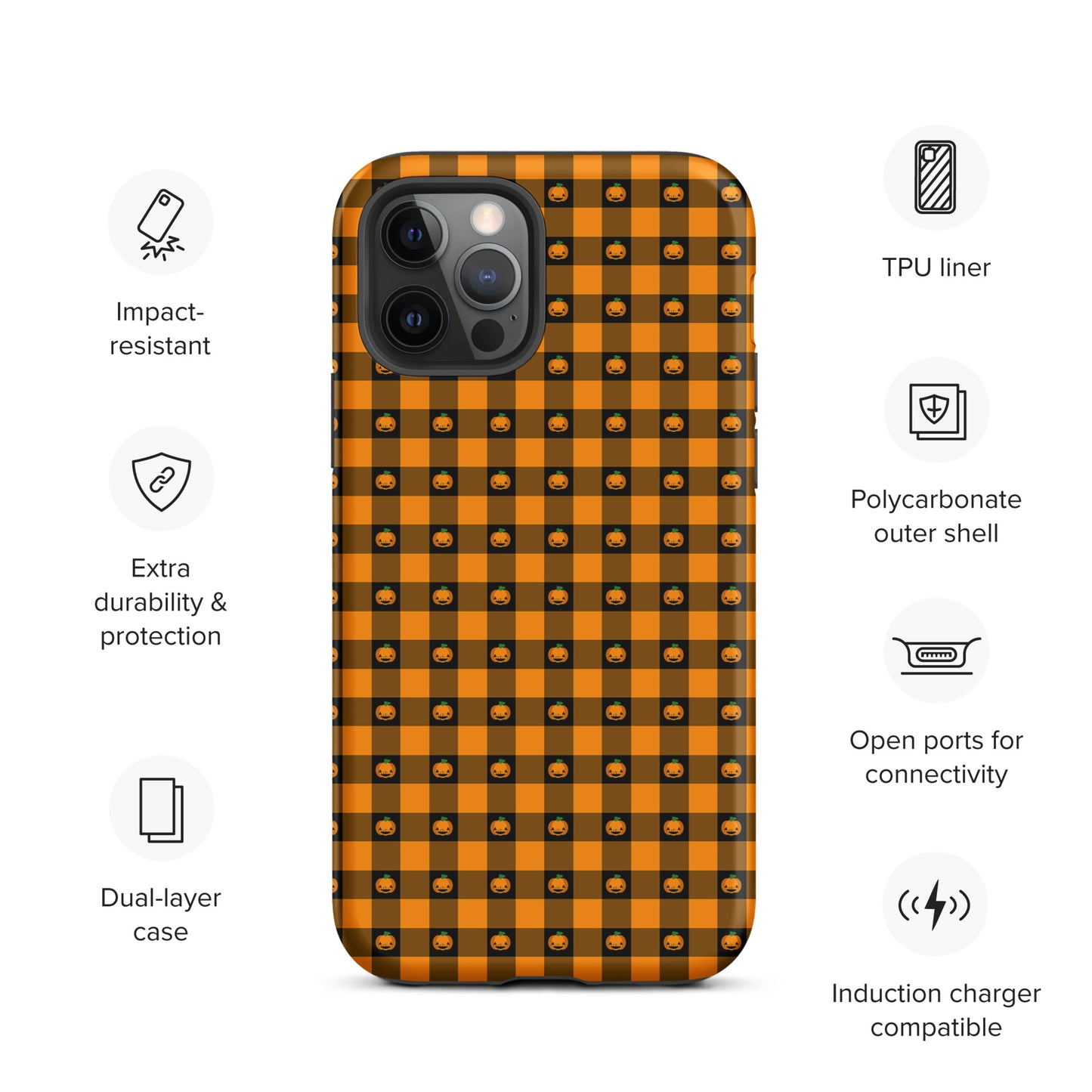 Phone Case for iPhone with Playful Pumpkin Gingham Halloween Design featuring jack-o’-lanterns and gingham pattern, durable and festive.