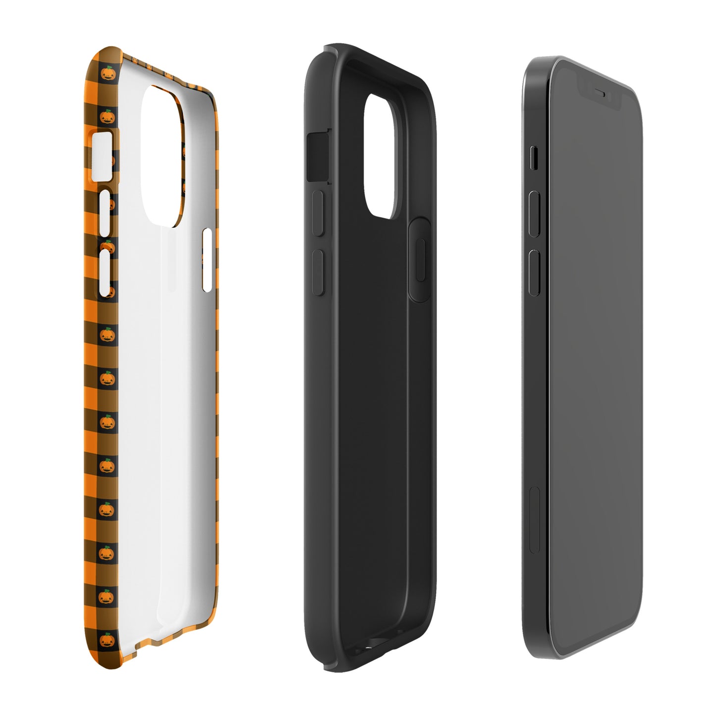Phone Case for iPhone with playful pumpkin gingham Halloween design, showing front, back, and side views