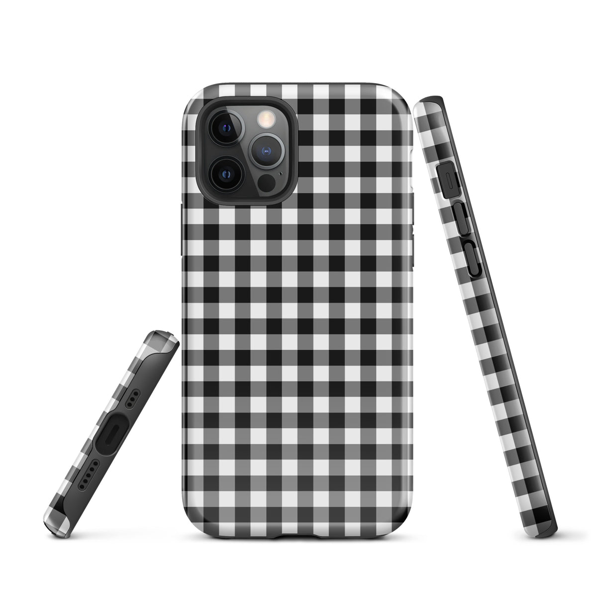 Phone Case for iPhone with black and white gingham pattern, offering stylish protection and durability.