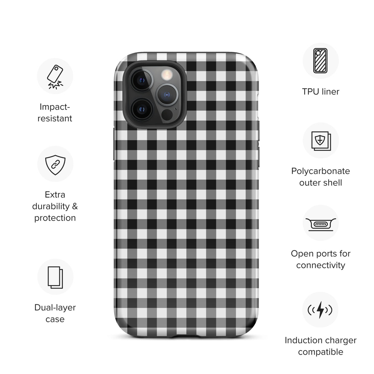 Phone Case with black and white gingham pattern for iPhone, featuring impact-resistant TPU liner and polycarbonate shell.
