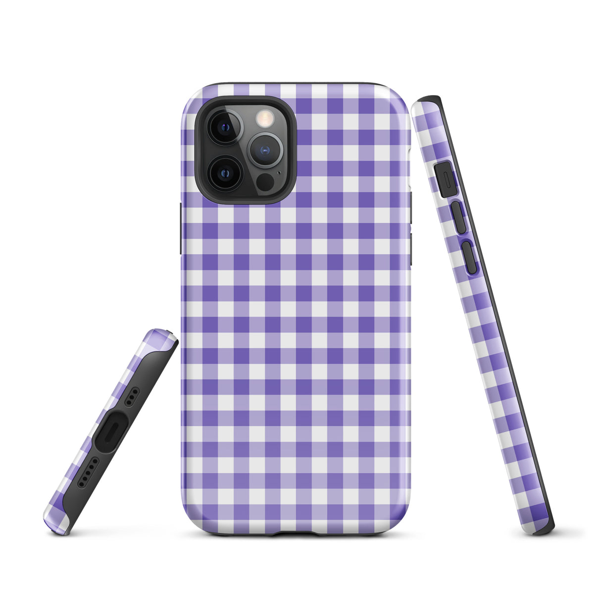 Phone Case for iPhone with purple and white gingham pattern, combining style and protection.