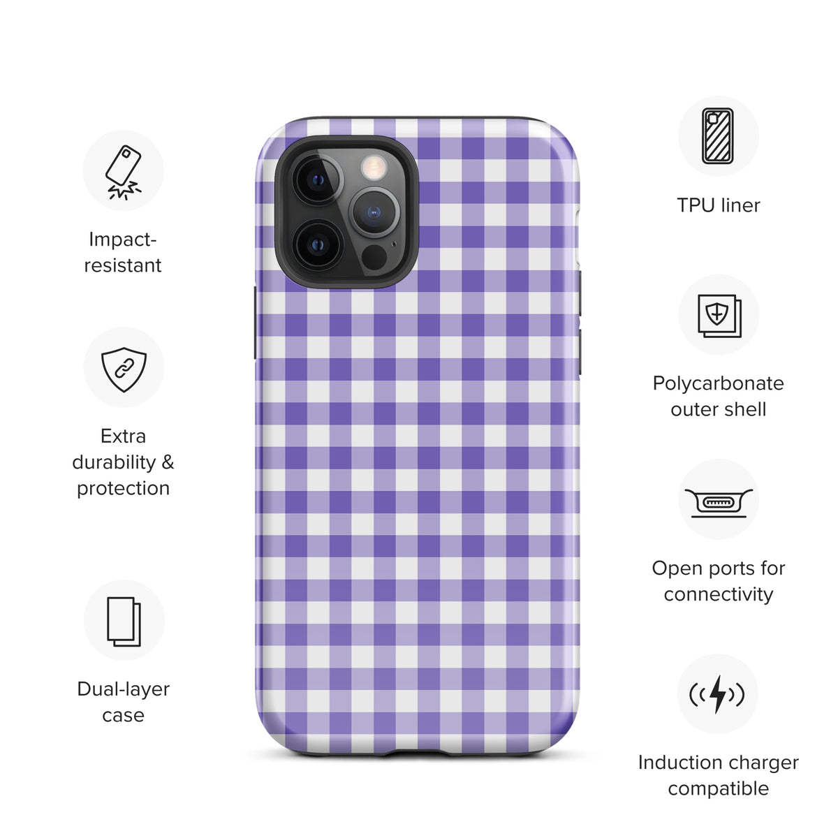 Phone Case for iPhone with purple and white gingham pattern, impact-resistant, dual-layer, compatible with induction charger