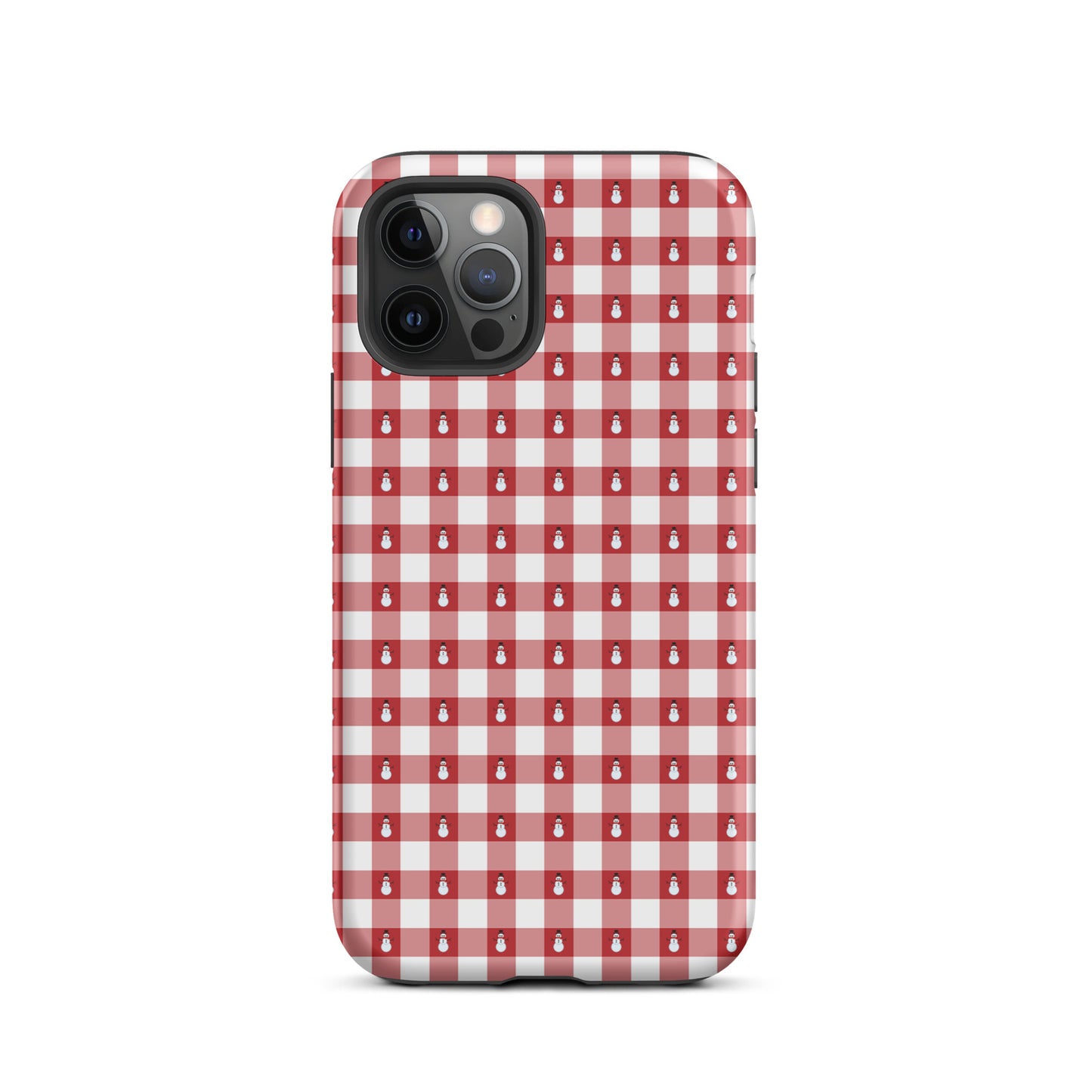 Phone Case for iPhone with red gingham and snowman winter design, providing festive style and protection.