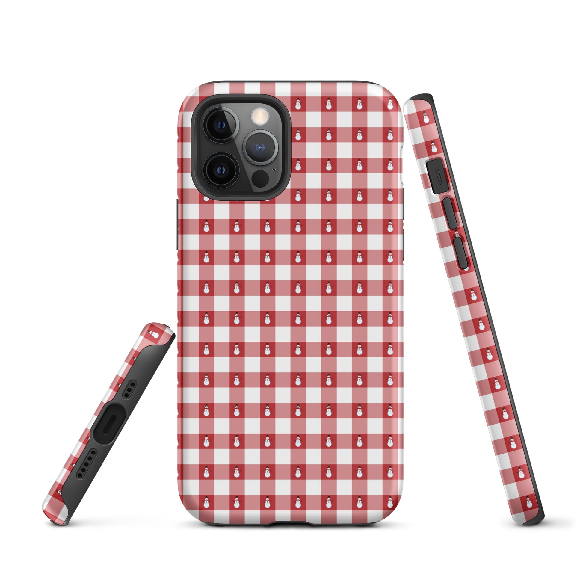 Phone Case for iPhone with snowman gingham winter design, featuring red-and-white checkered pattern with snowmen for festive charm.