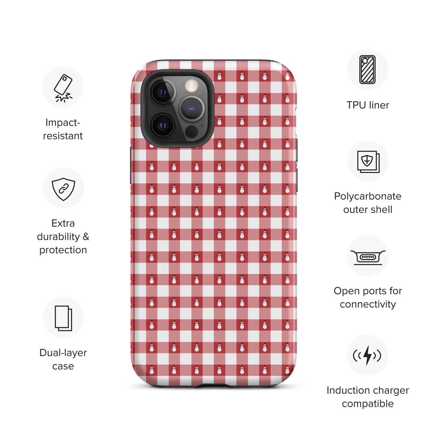 Phone Case for iPhone with red-and-white snowman gingham winter design, showcasing impact-resistant and dual-layer protection features.