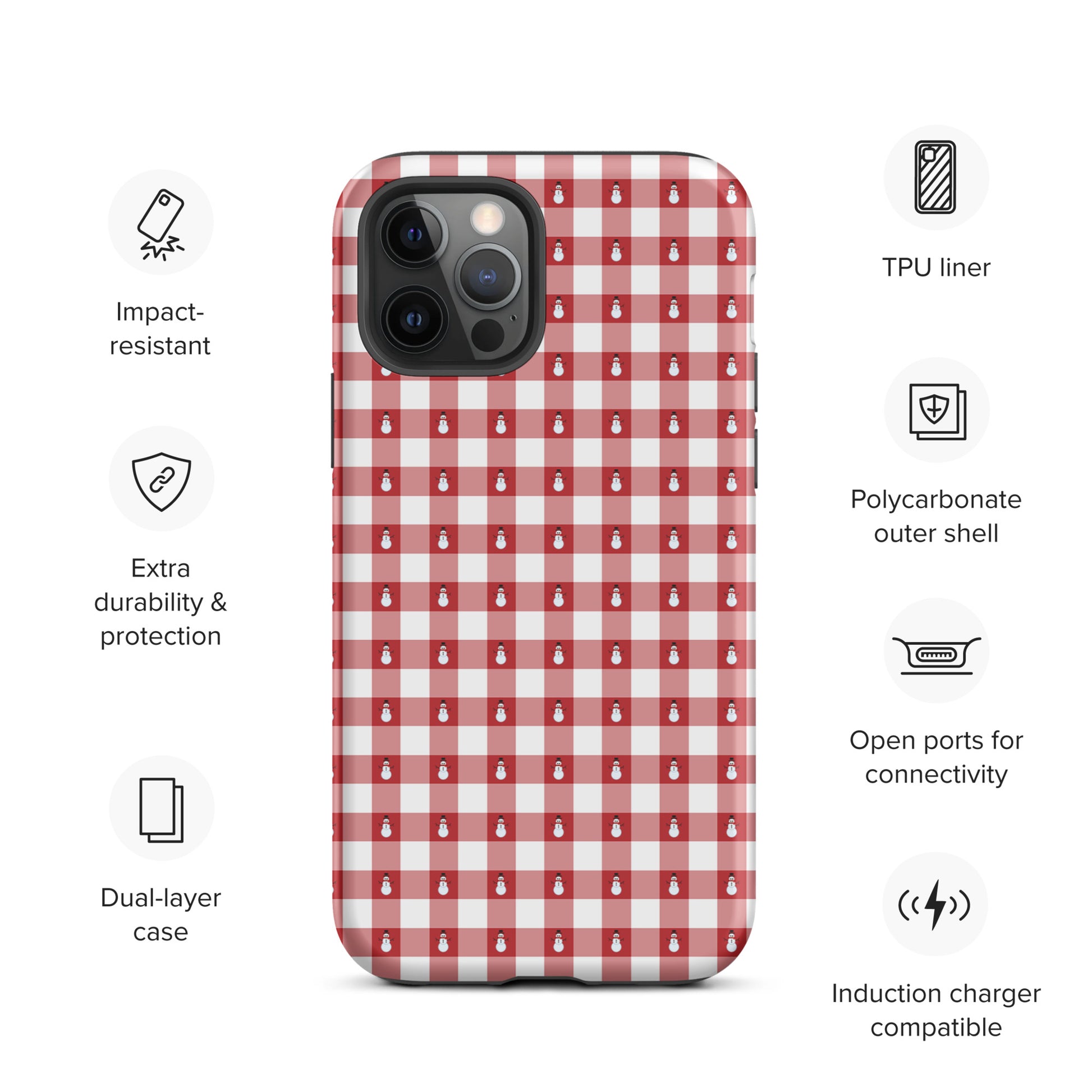Phone Case for iPhone with red-and-white snowman gingham winter design, showcasing impact-resistant and dual-layer protection features.