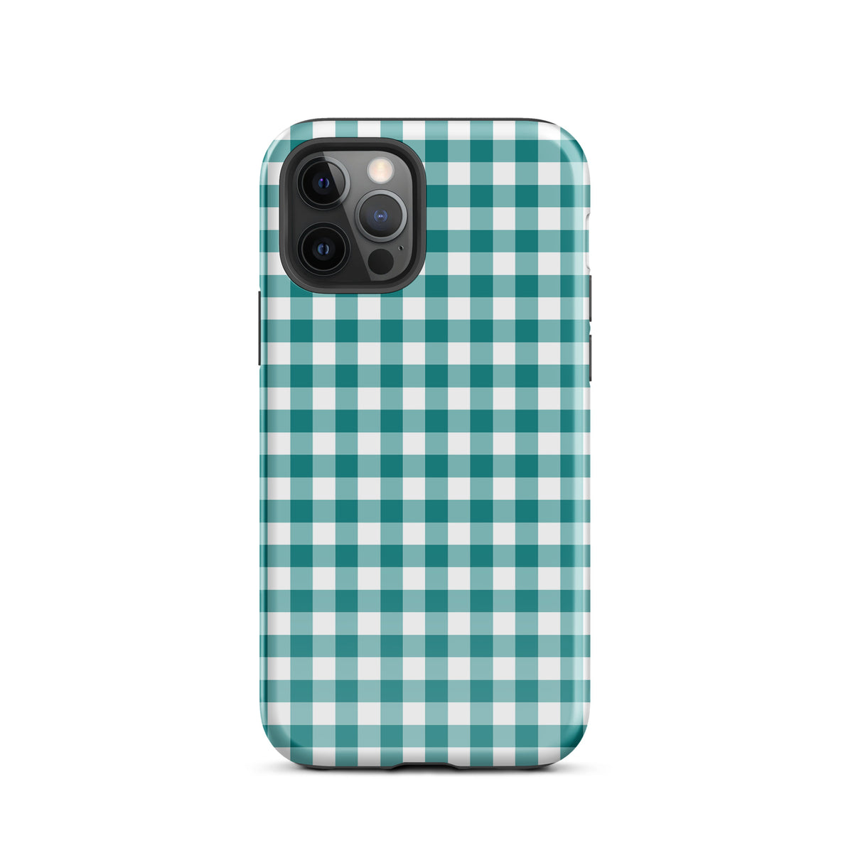Phone Case with teal and white gingham pattern for iPhone, offering style and protection.