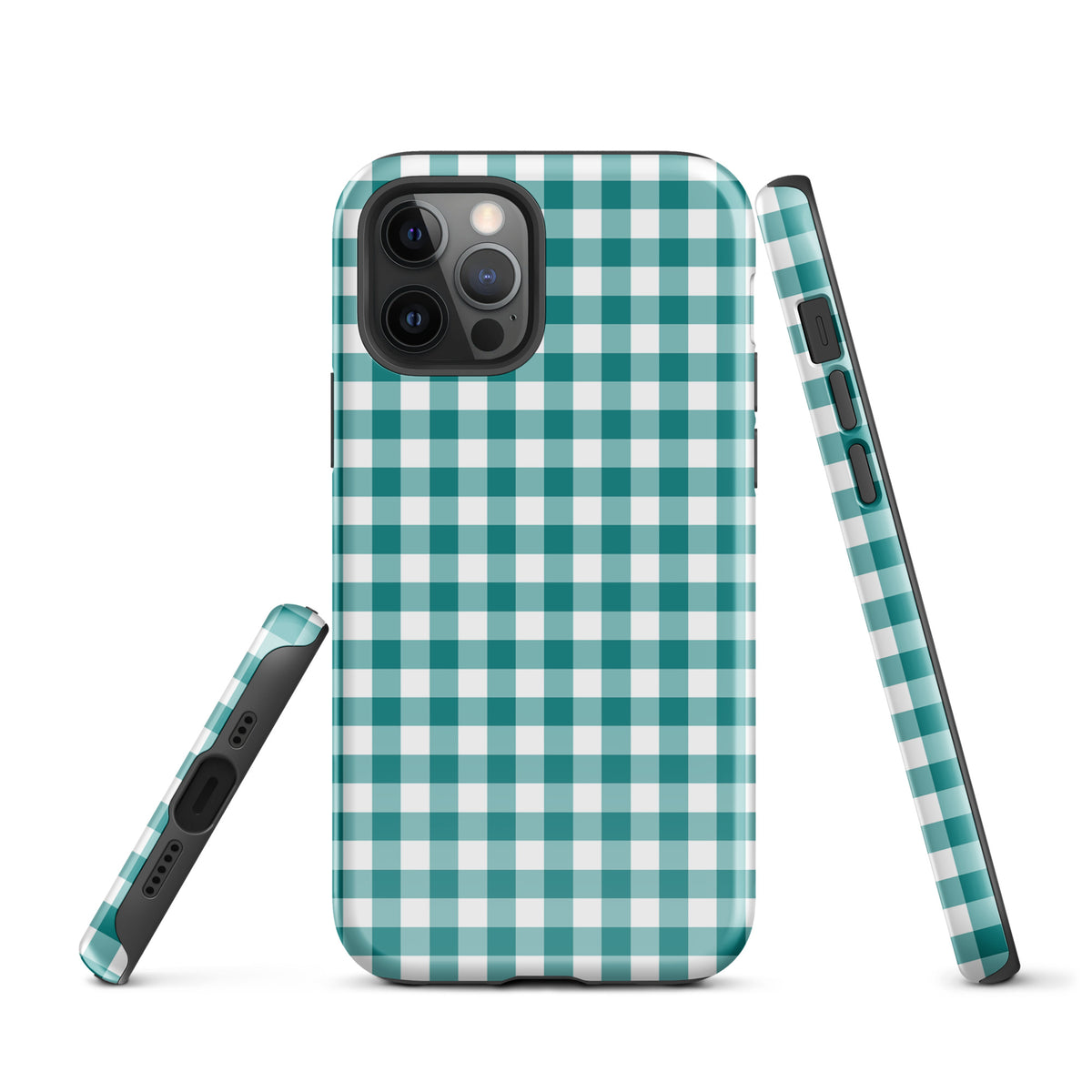 Phone Case for iPhone with teal and white gingham pattern, combining modern style and luxury durability.