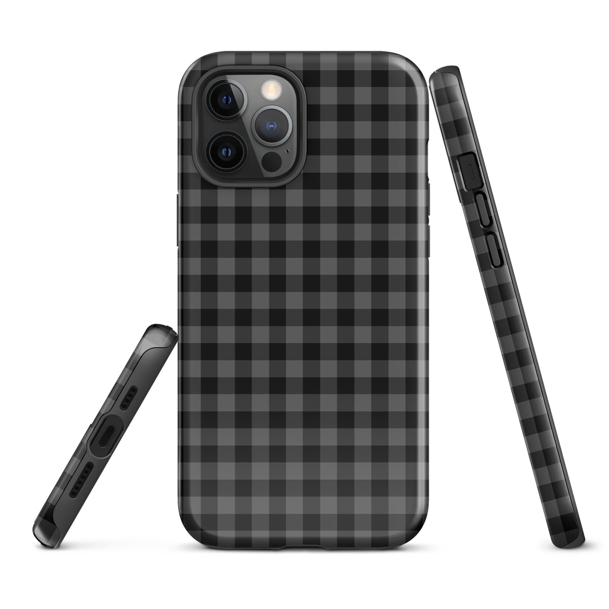 Phone Case for iPhone with black and charcoal gingham pattern, offering modern style and protection