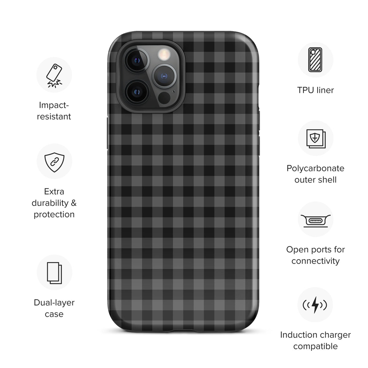 Phone Case for iPhone with black and charcoal gingham pattern, showcasing modern style and protection features like TPU liner and polycarbonate shell.