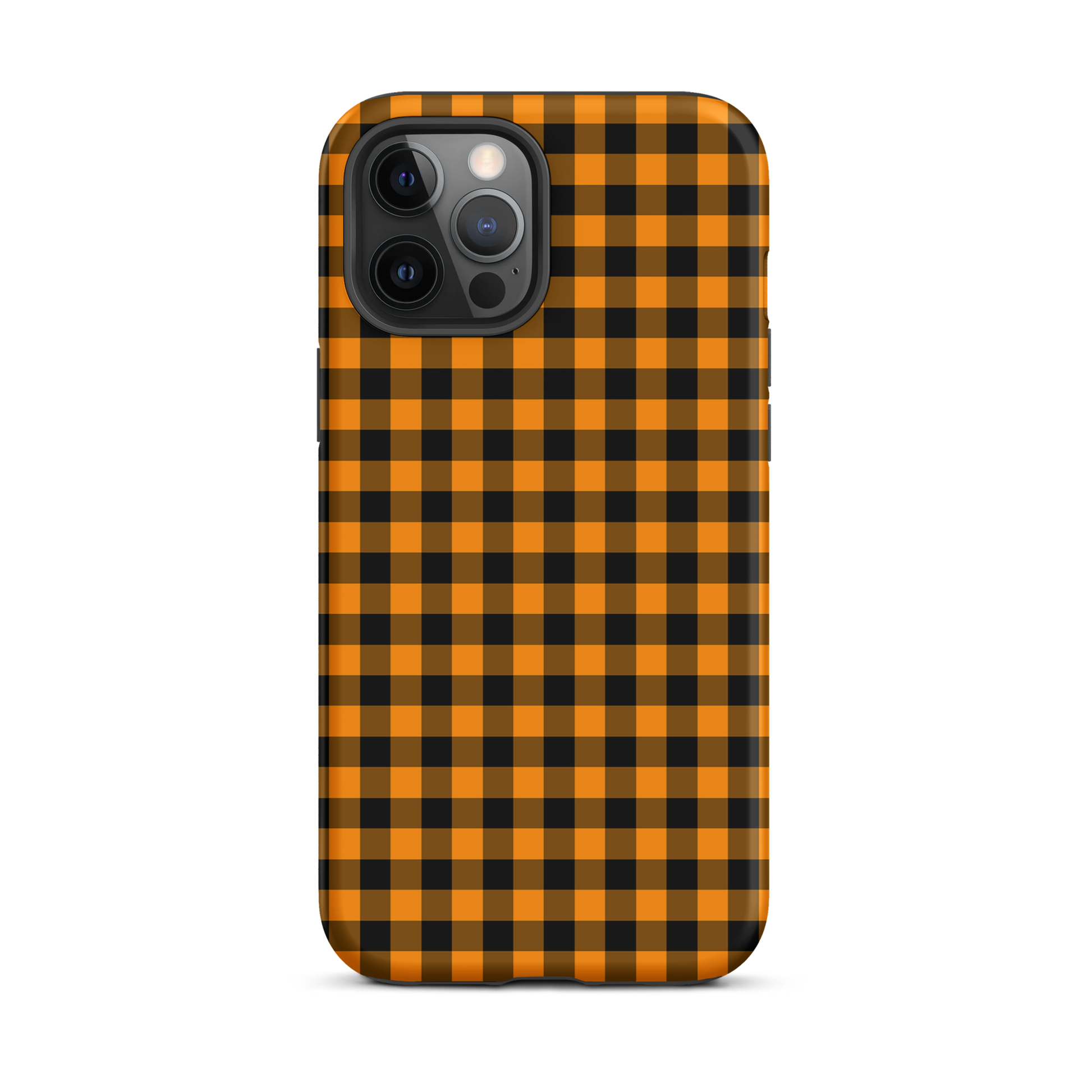 Black-and-orange gingham autumn theme phone case for iPhone, stylish design with durability.