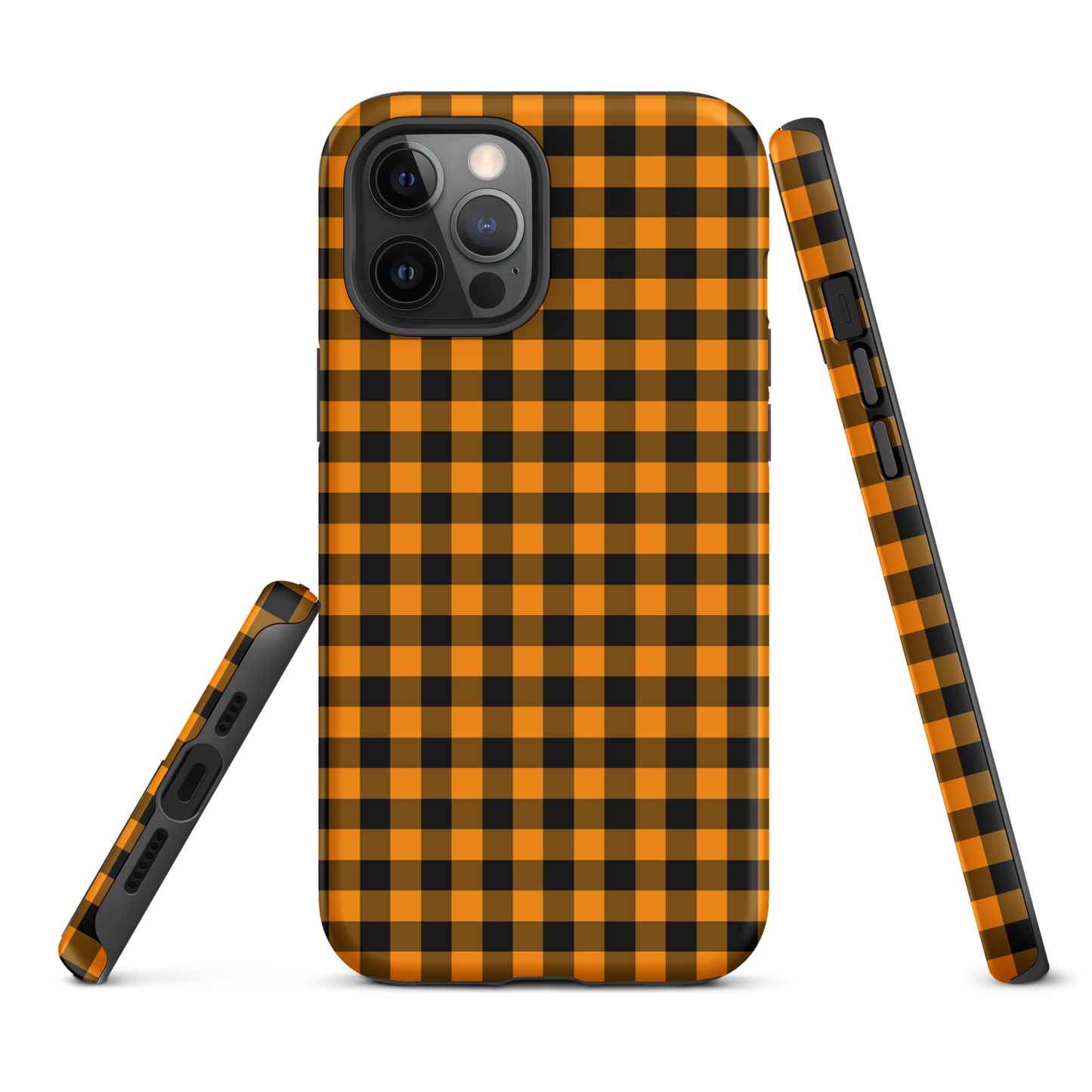 phone case with black-and-orange gingham autumn theme for iPhone, stylish and durable design with playful charm