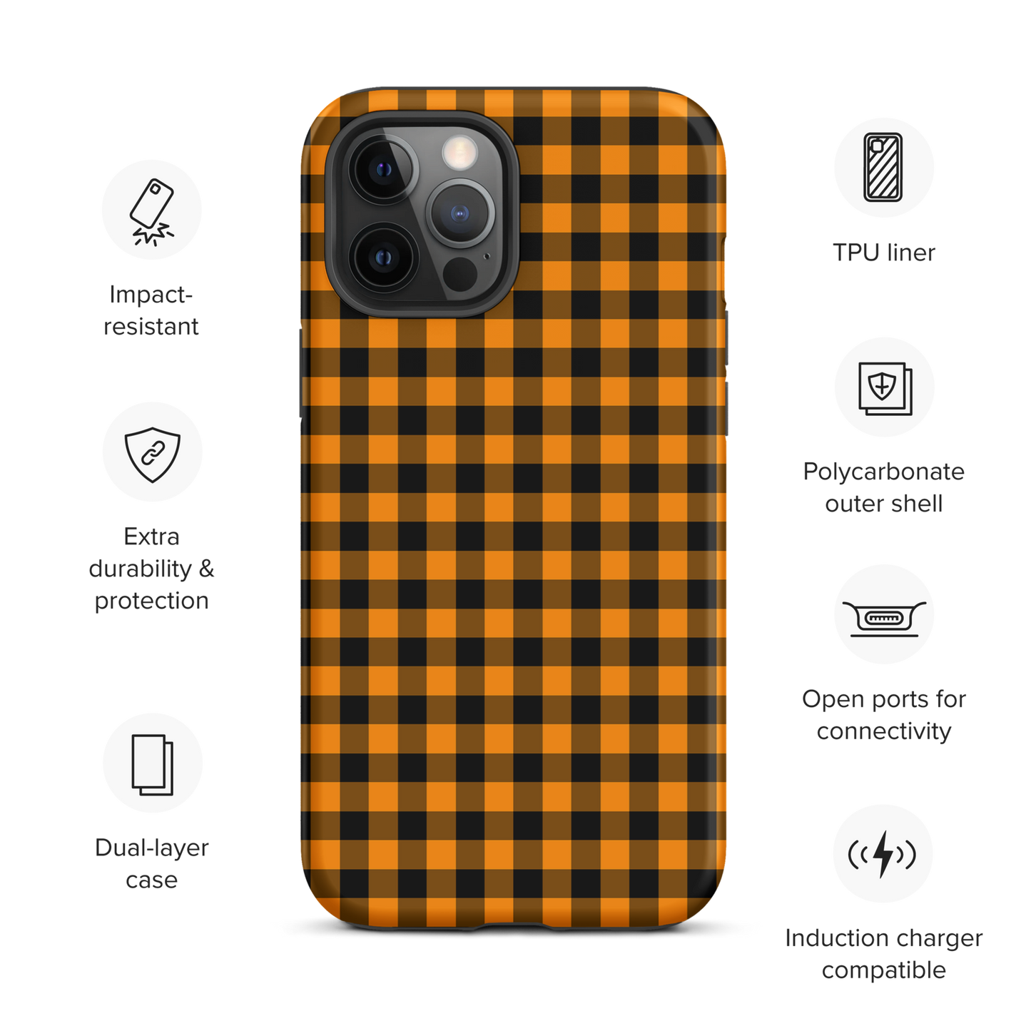 Black-and-orange gingham phone case for iPhone with Autumn theme, showcasing stylish design and durability.
