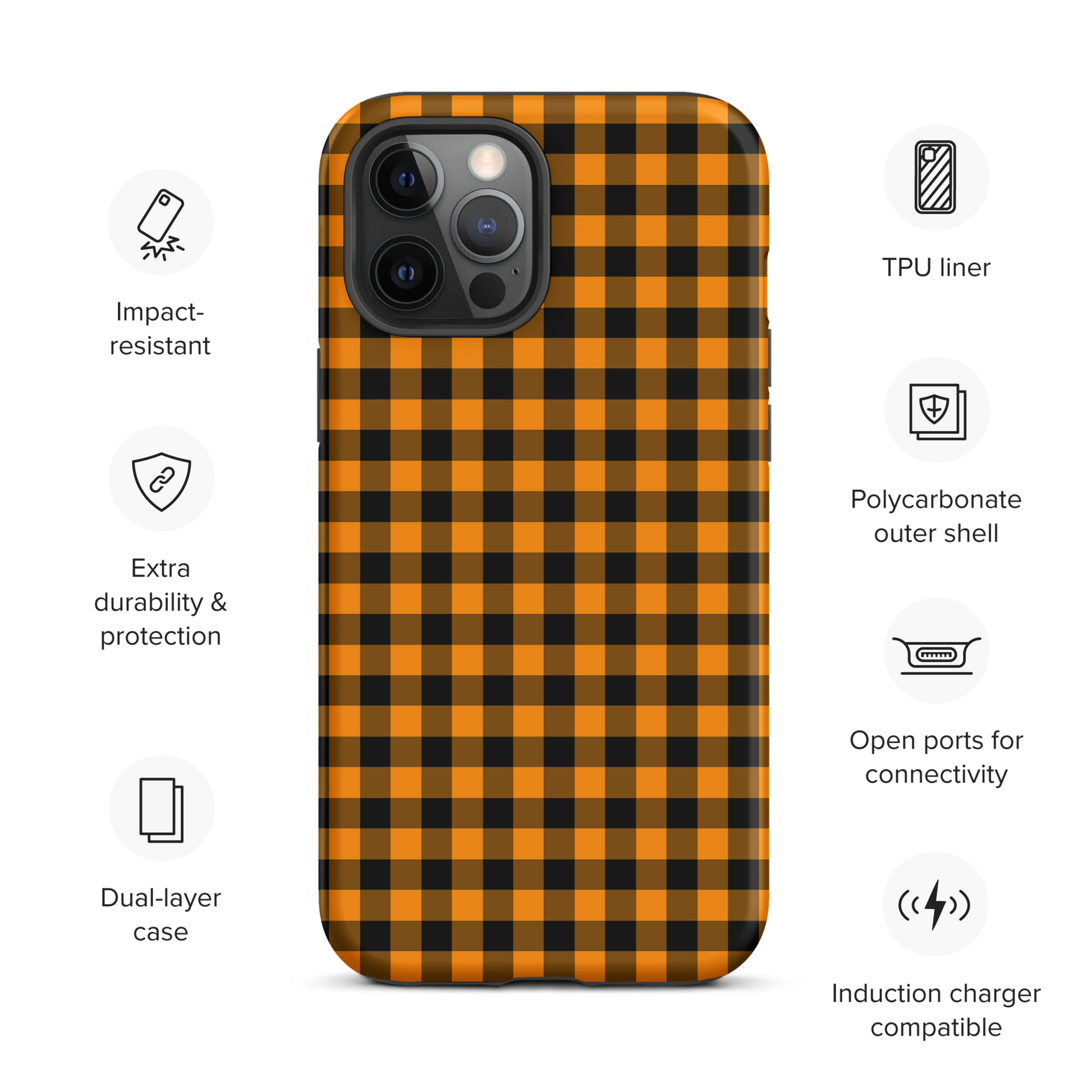 Black-and-orange gingham phone case for iPhone with Autumn theme, showcasing stylish design and durability.