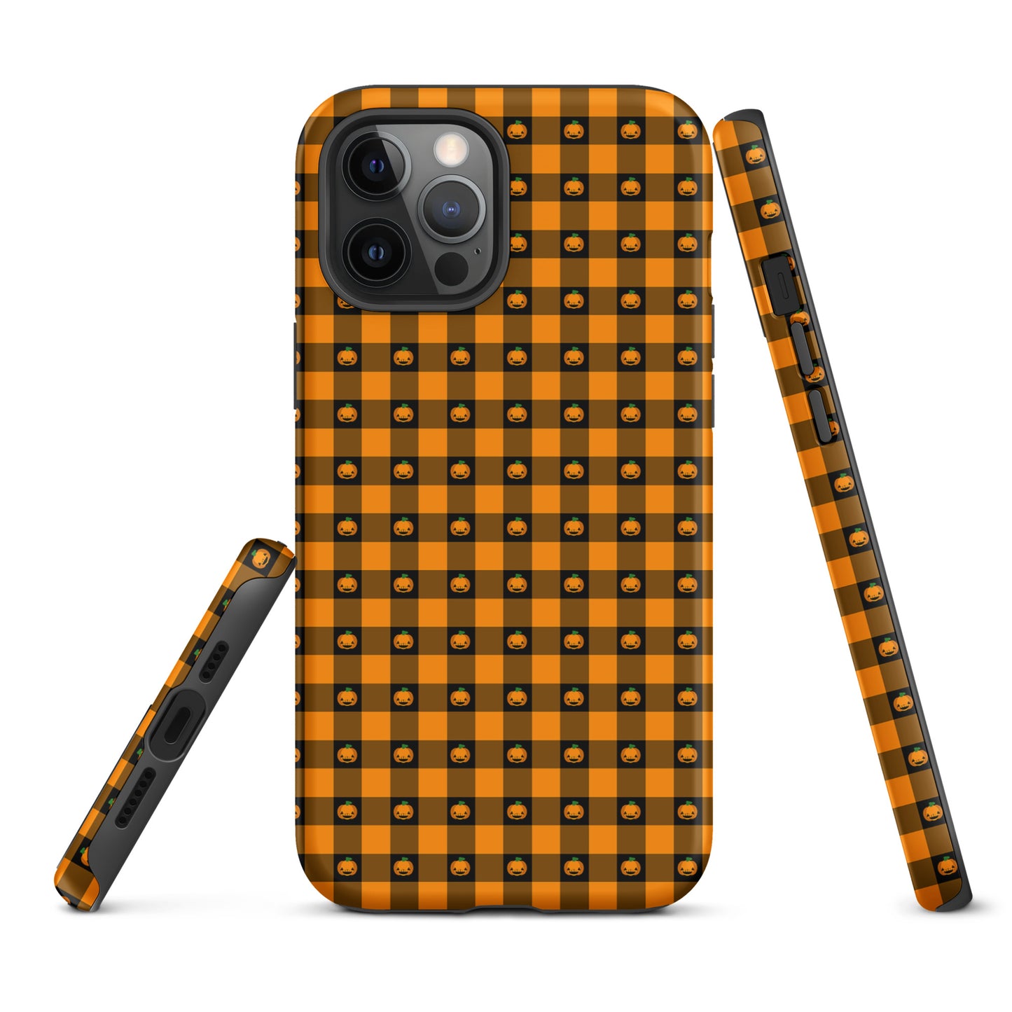 Phone Case for iPhone with playful pumpkin gingham Halloween design featuring jack-o’-lantern faces on a festive orange and black plaid.