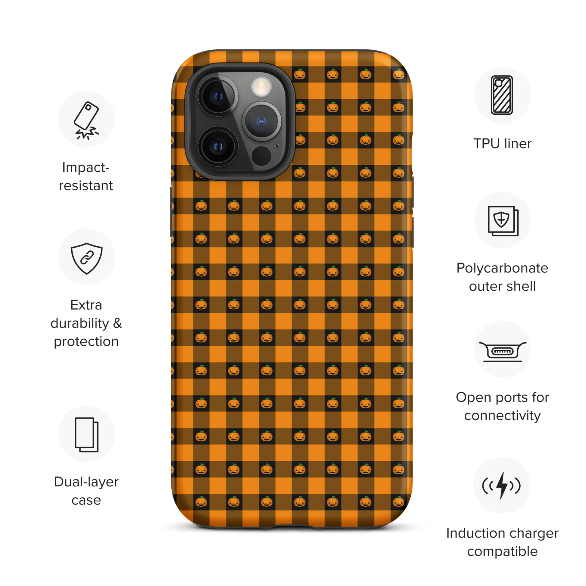Phone Case for iPhone with Playful Pumpkin Gingham Halloween Design, impact-resistant, TPU liner, dual-layer protection