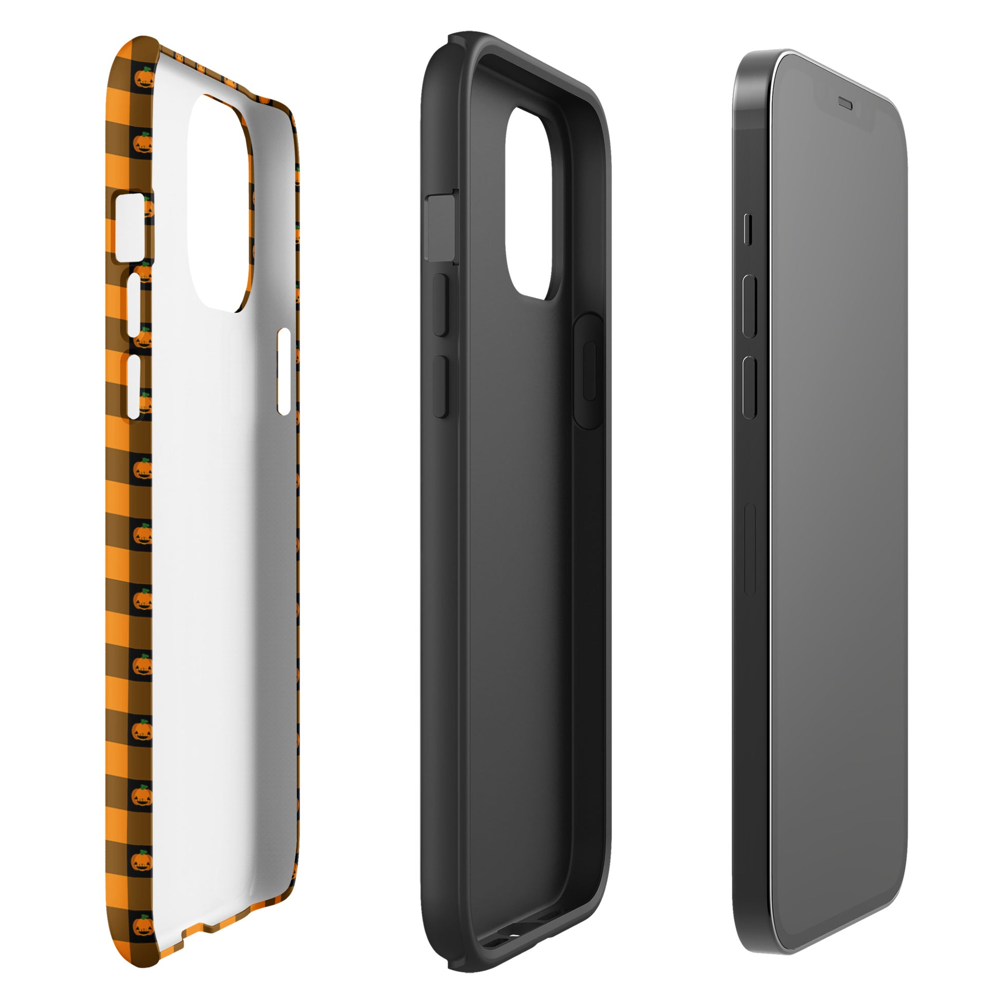 Phone Case for iPhone with playful pumpkin gingham Halloween design featuring jack-o’-lantern faces.