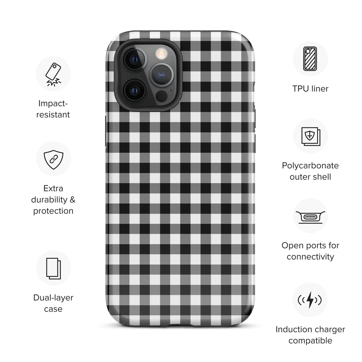 Phone Case with black-and-white gingham pattern for iPhone, offering chic style and impact-resistant protection with dual-layer durability.