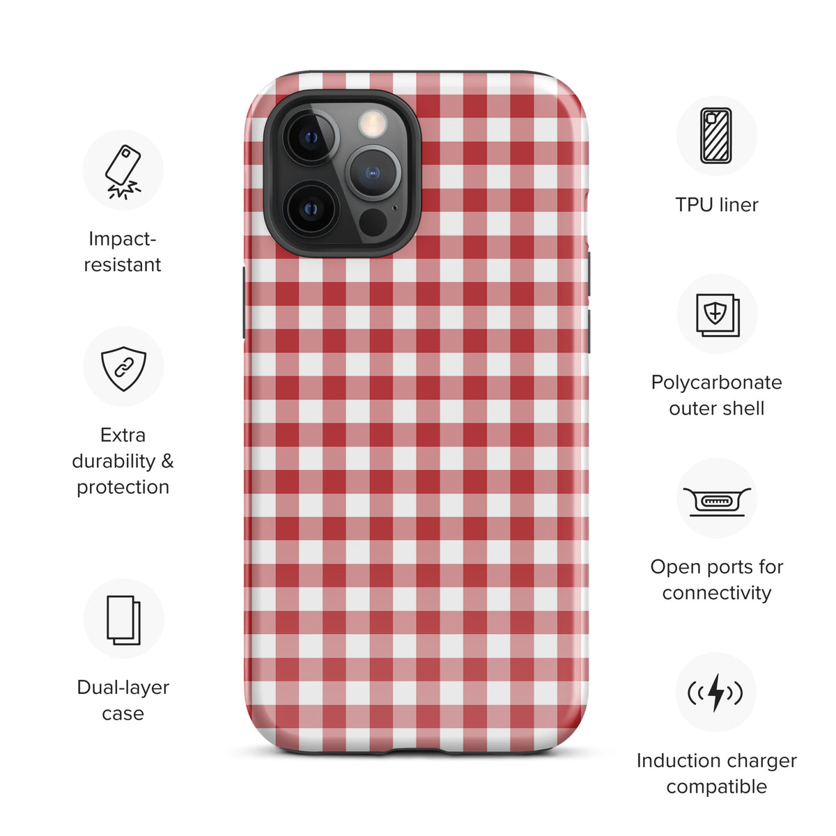 Phone Case with red and white gingham pattern, offering impact resistance and dual-layer protection for iPhone.