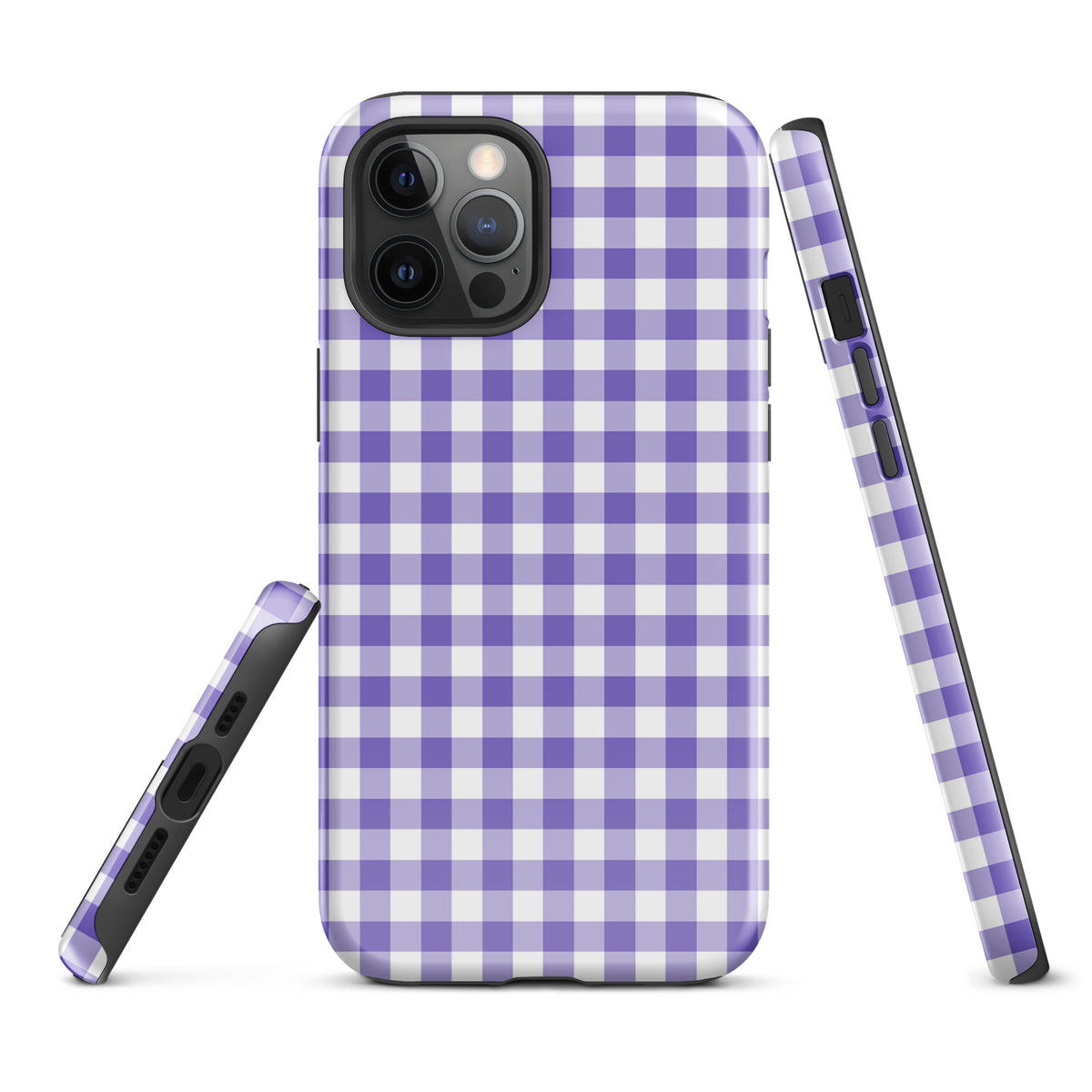 Phone Case for iPhone with purple and white gingham pattern, offering charming style and protection.