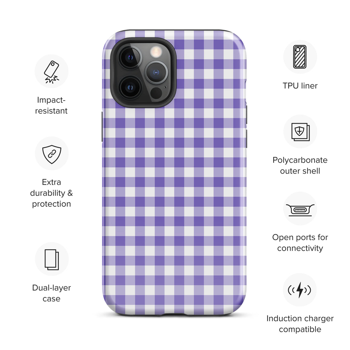 Phone Case for iPhone with Gingham Pattern in purple and white, featuring impact-resistant design and polycarbonate outer shell.