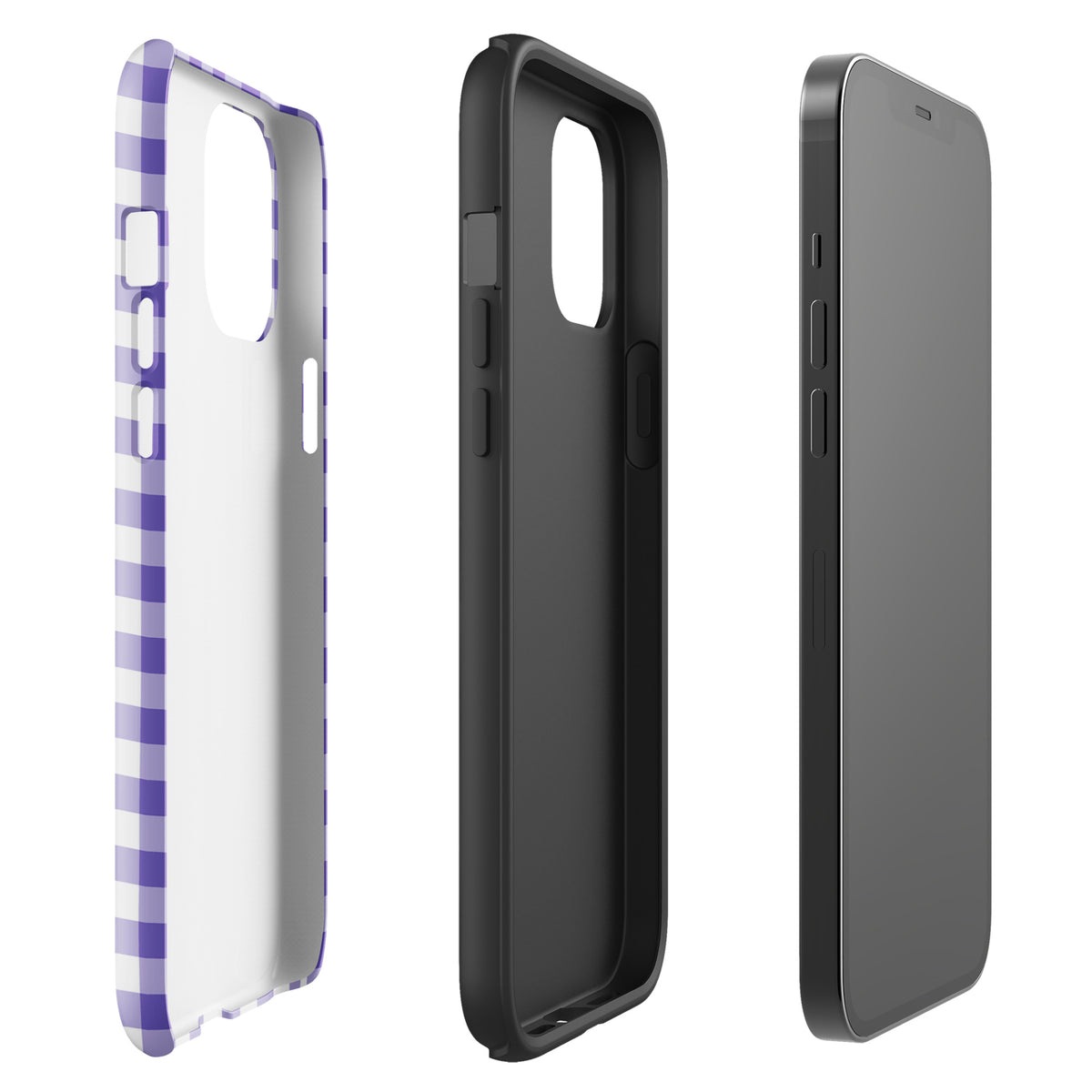 Phone Case with purple and white gingham pattern for iPhone displayed in three angles, showcasing stylish design and durable protection.